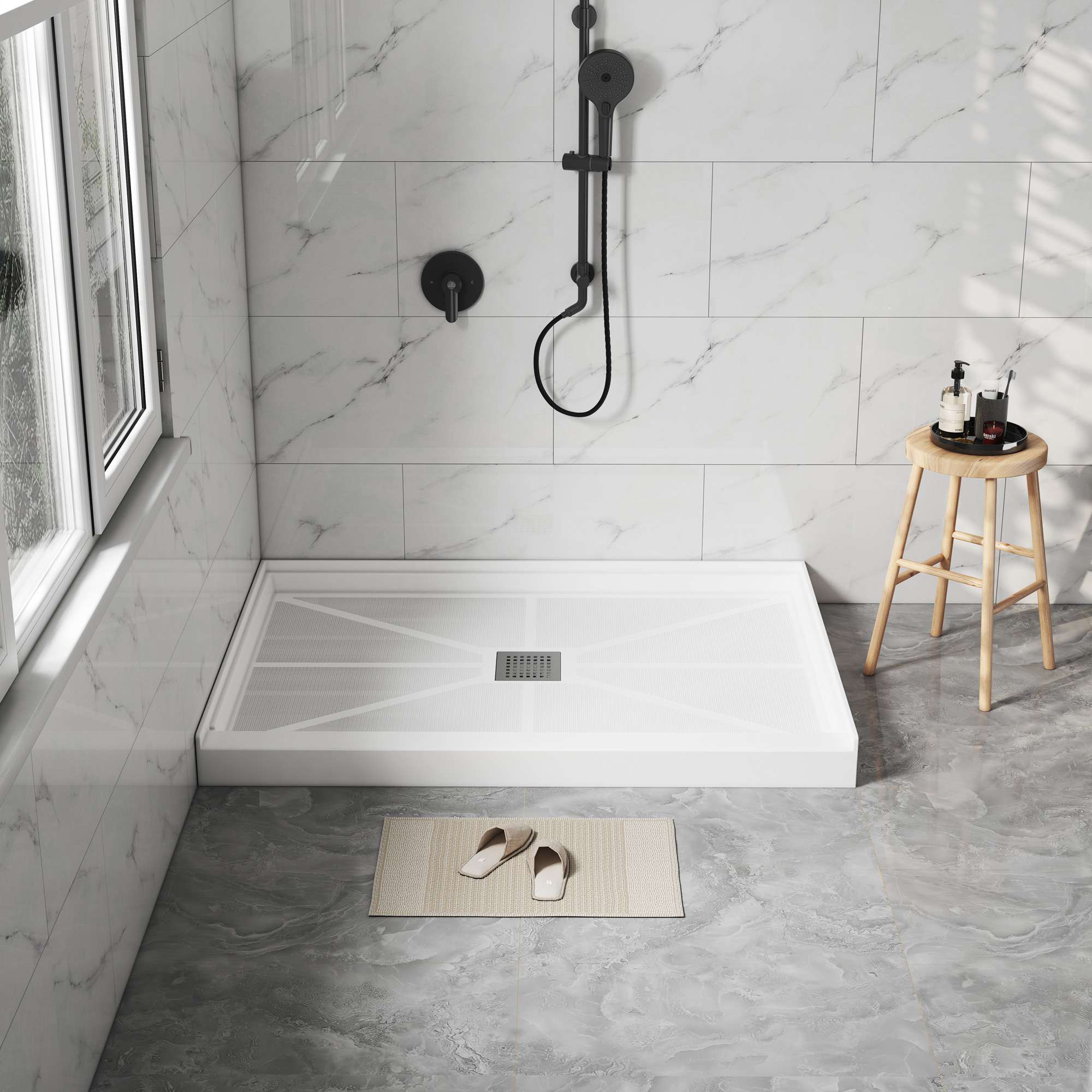 Rectangle Solid Surface White Shower Pan Base with Center Drain