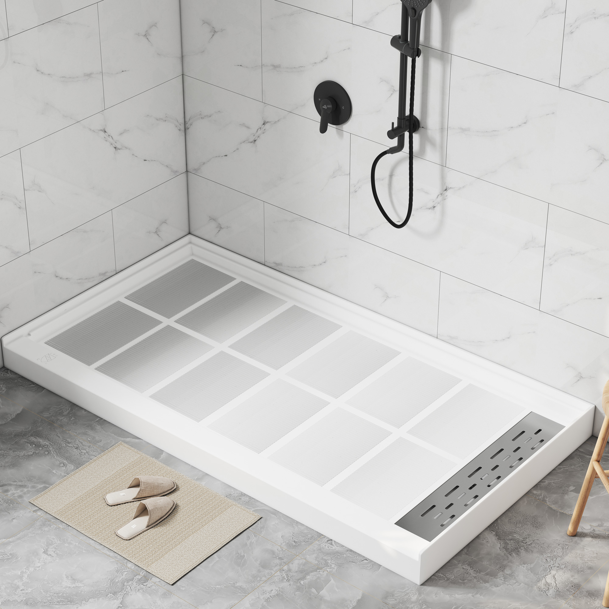 60"x32" White Solid Surface Single Threshold Alcove Shower Pan Base