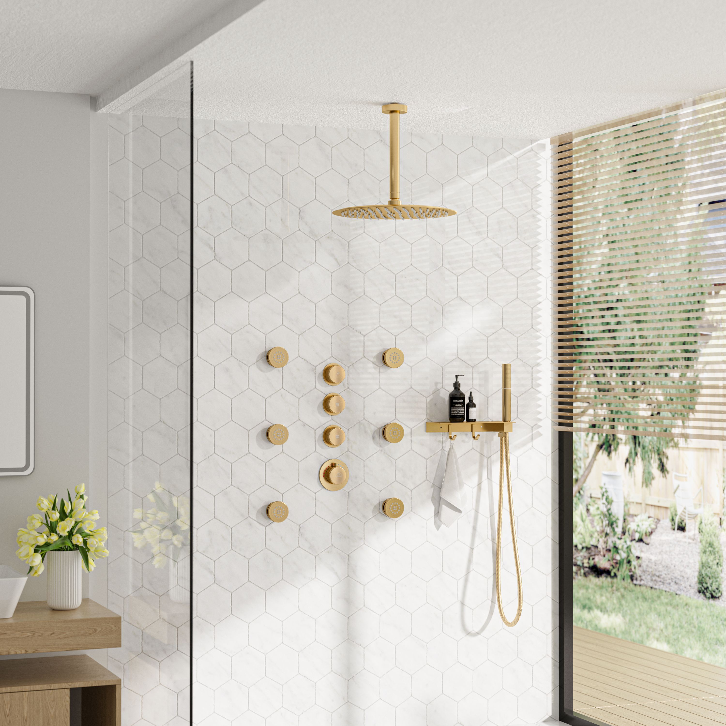 12" Shower System With Shelf, Handheld Shower With Spray Gun Feature