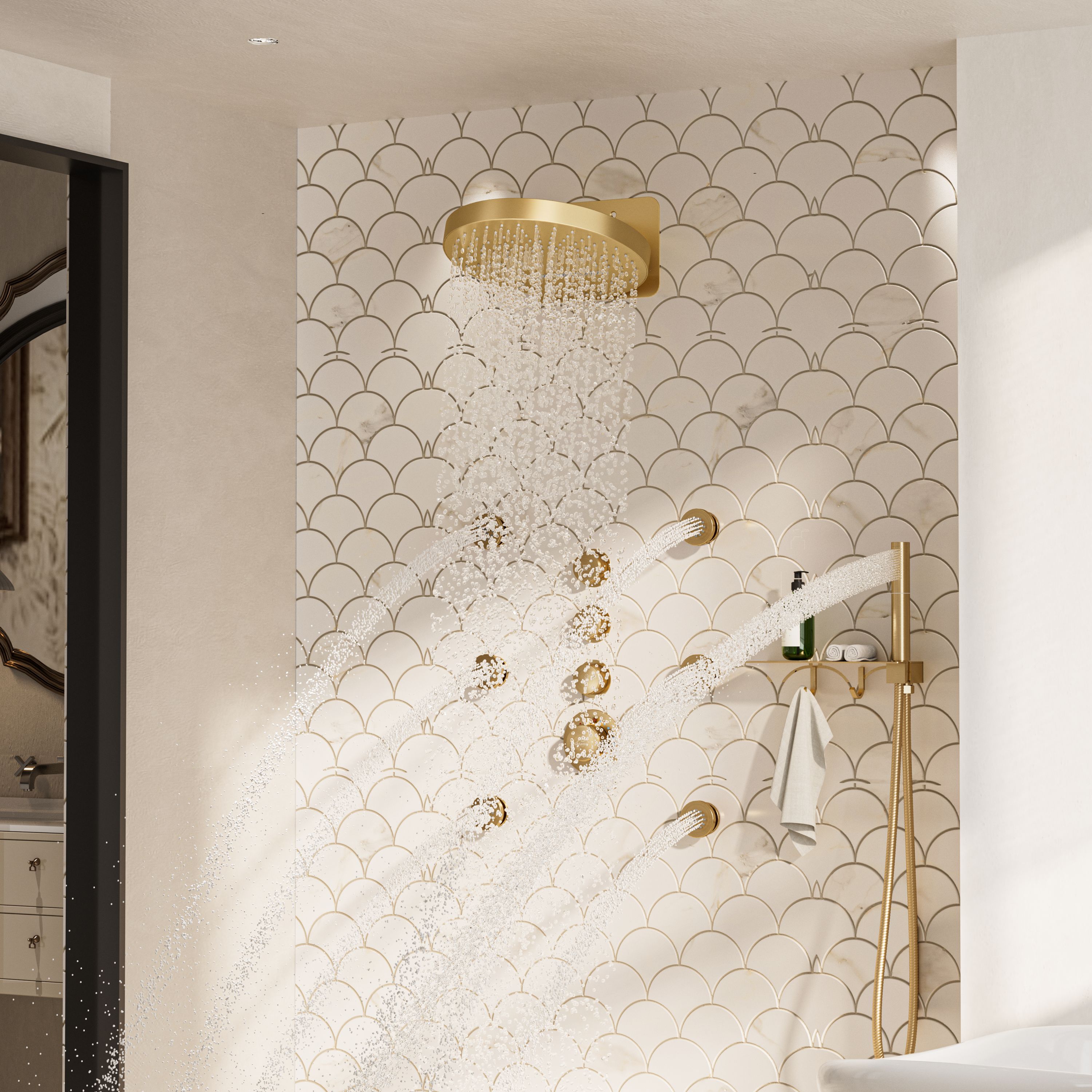 12" Adjustable Shower Head With Shelf Shower System, Hand Shower With Spray Gun Function