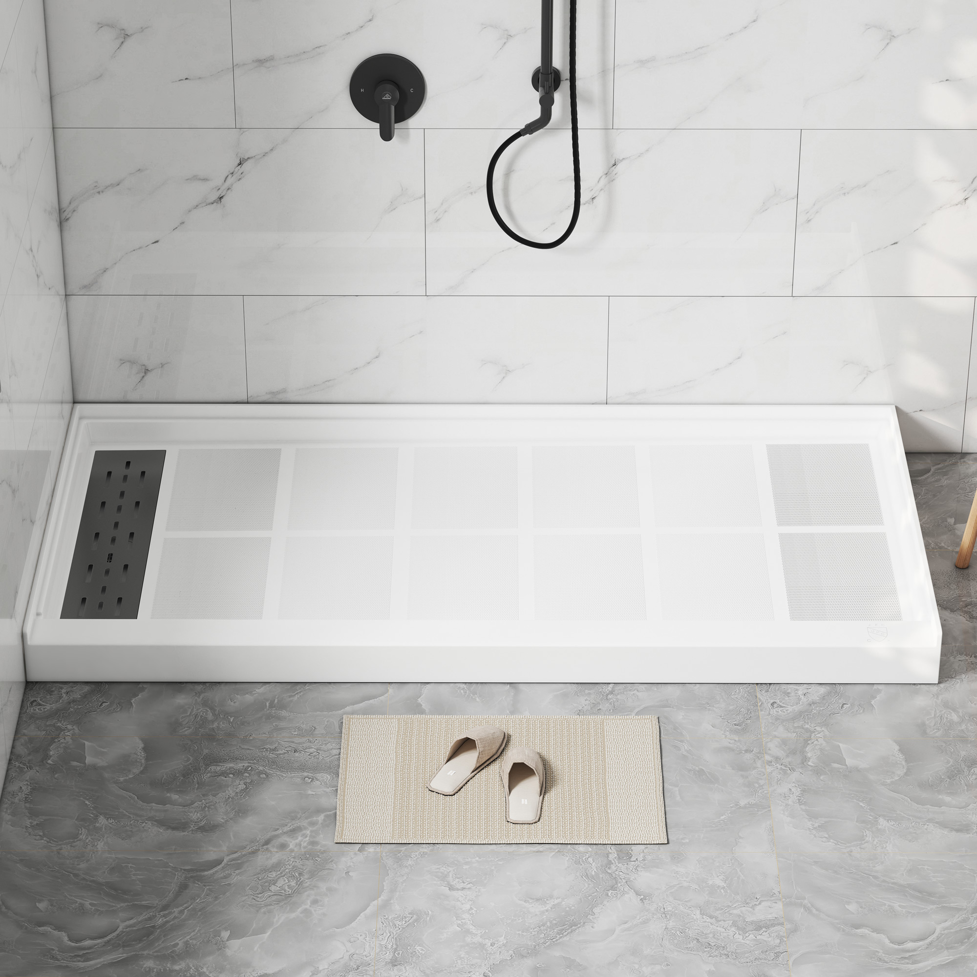 60"x30" Solid Surface Alcove Shower Pan Base in White, Drain Included