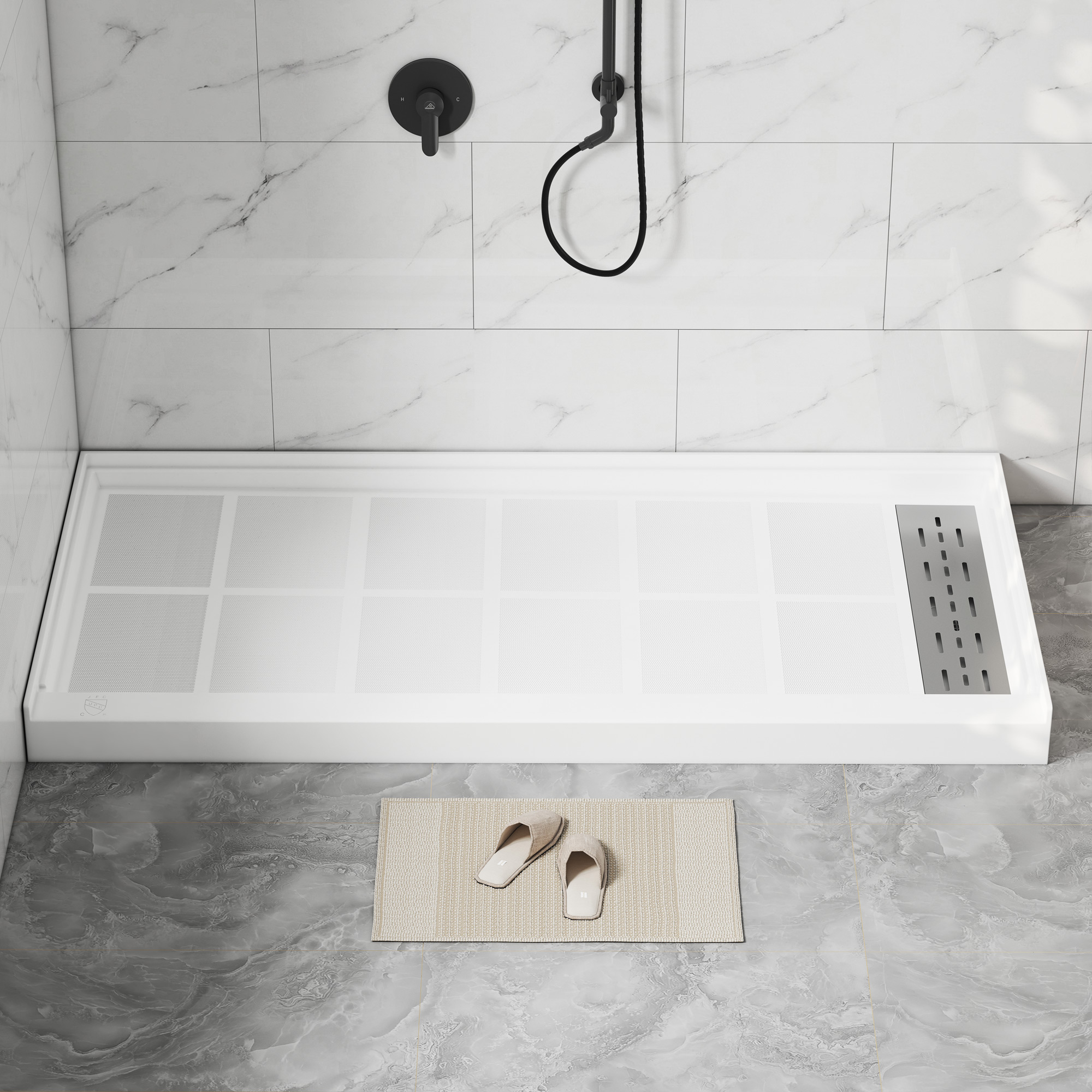 60"x30" Solid Surface Alcove Shower Pan Base in White, Drain Included