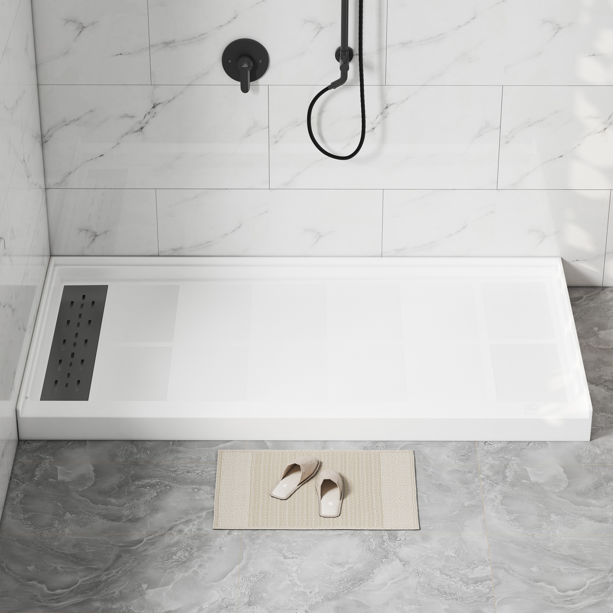 60"x32" White Solid Surface Single Threshold Alcove Shower Pan Base