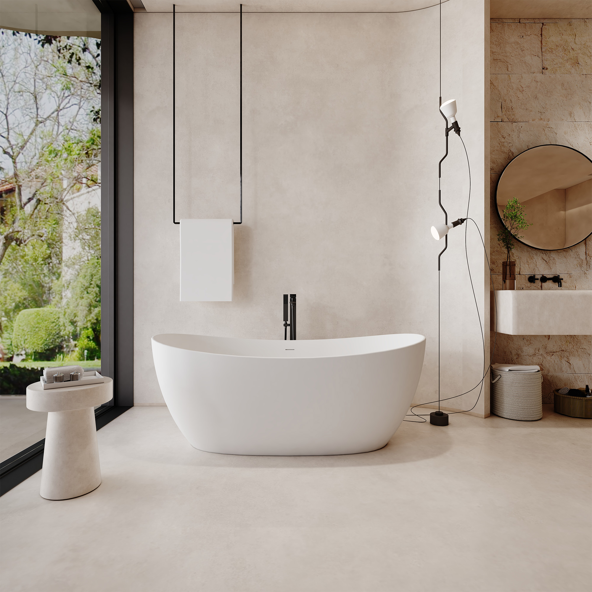 63" Freestanding Solid Surface Stone Bathtub with Symmetrical Moon Design - Crescent