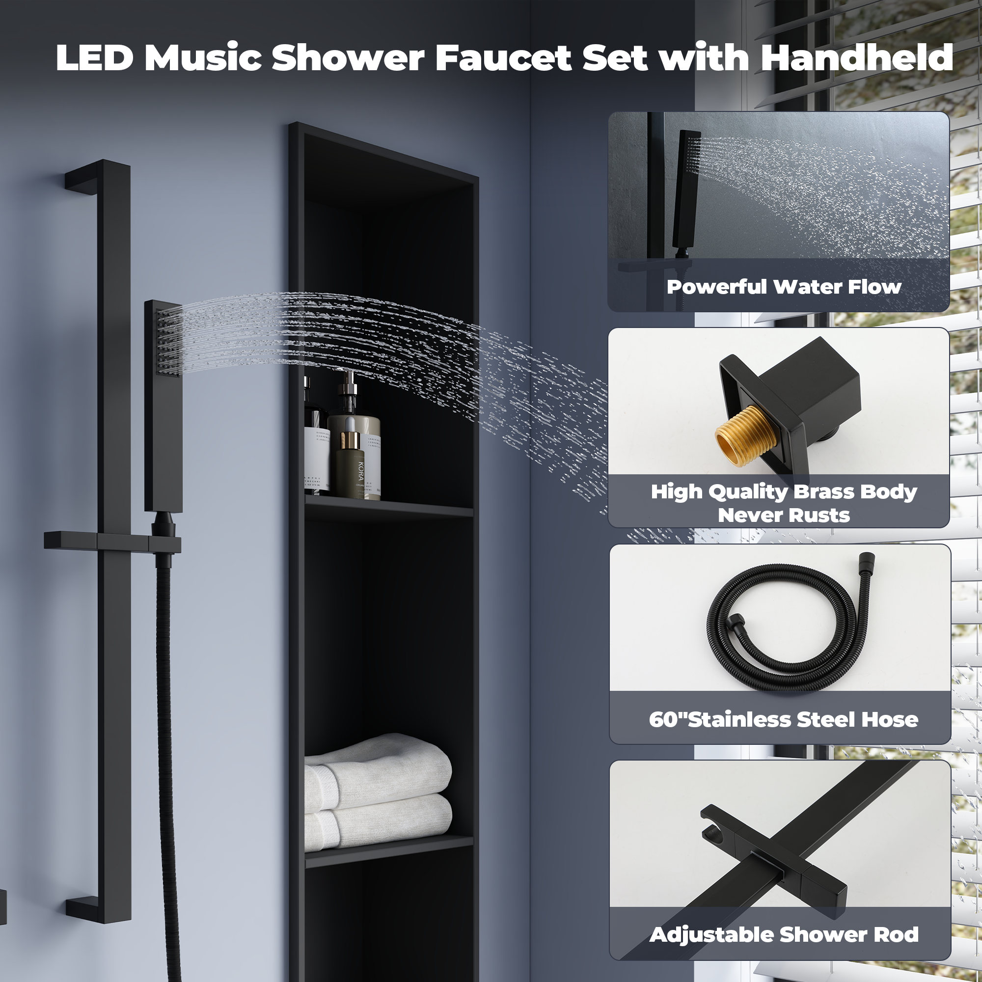 35*12 inch 6-Function Thermostatic Shower System with Digital Touch Screen & LED Lights