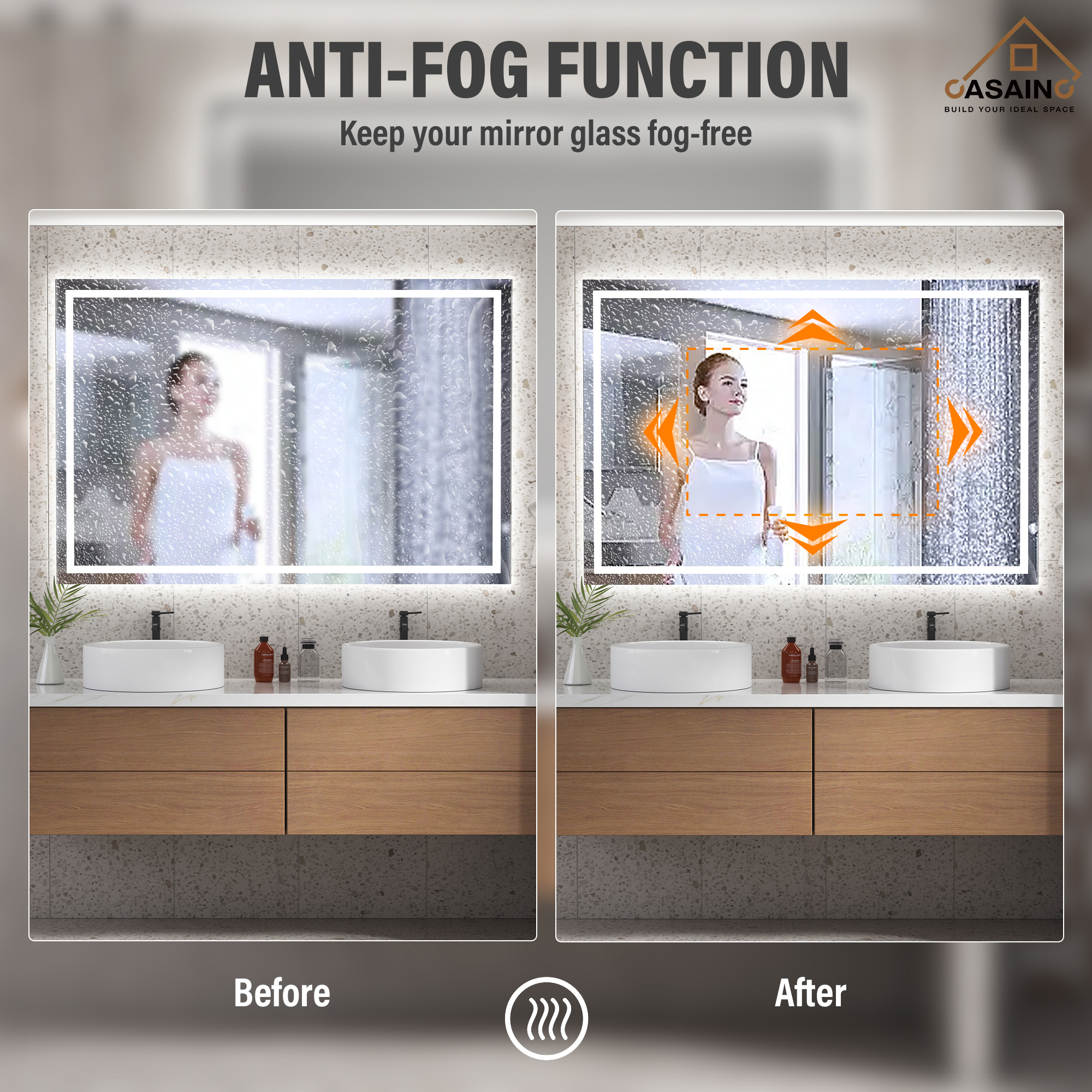 Rectangular Frameless LED Bathroom Mirror with Anti-Fog & Adjustable Color