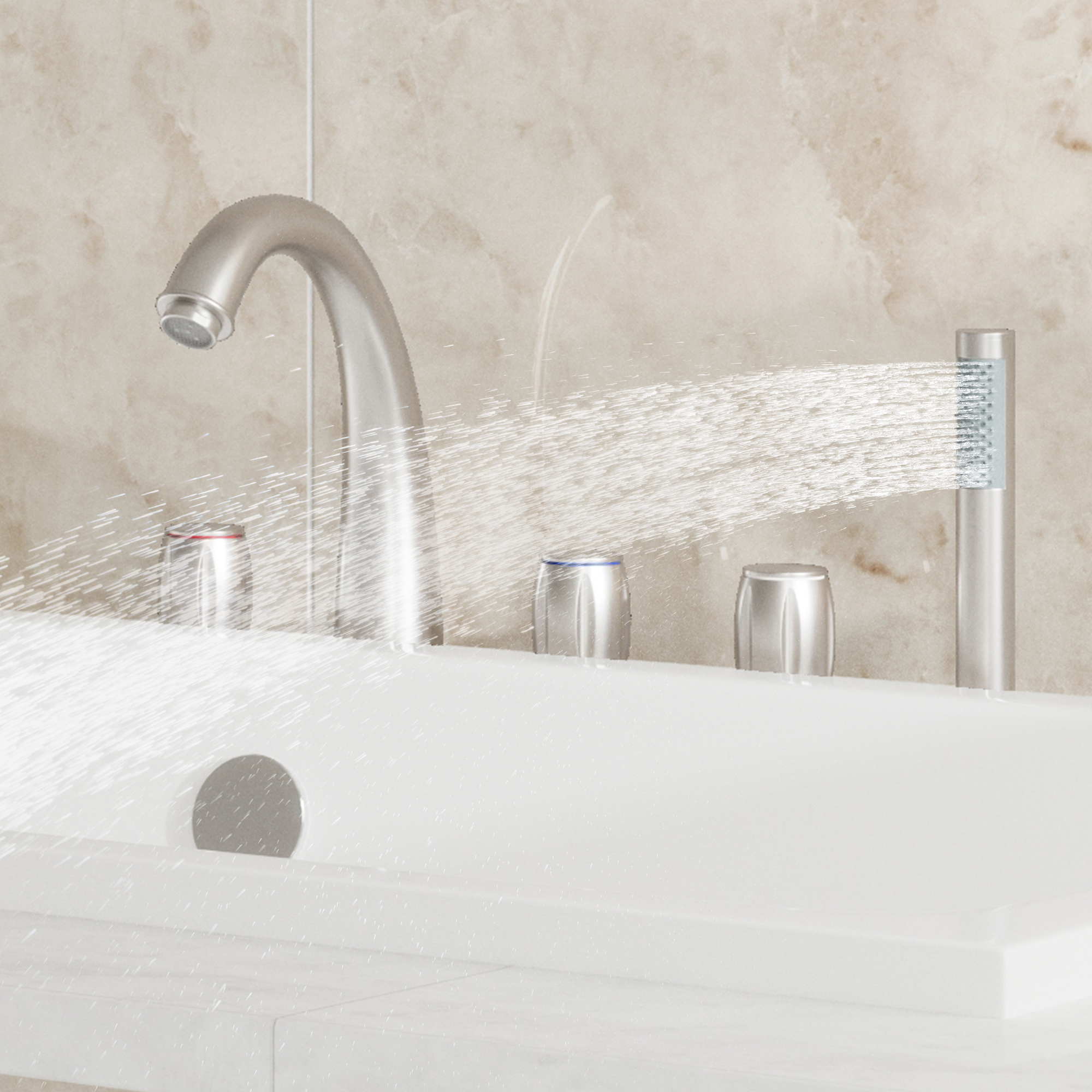 3-Handle Deck-Mounted Waterfall Roman Tub Faucet with Hand Shower