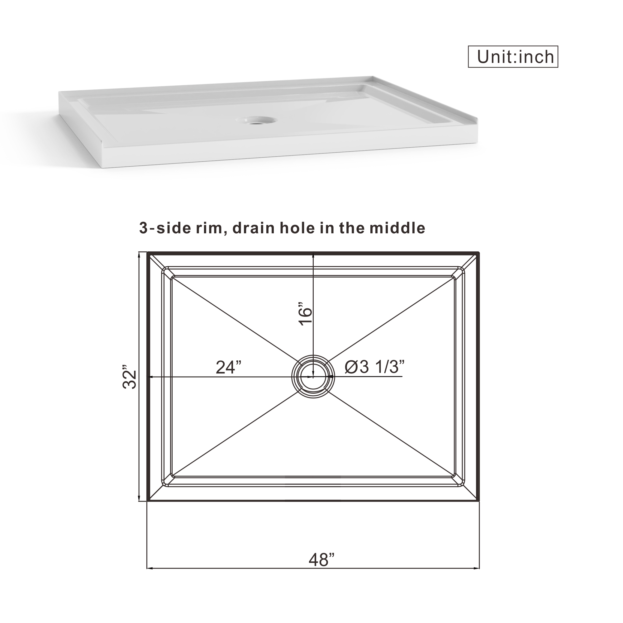 48" x 32" Acrylic Shower Base with Center Drain, Non-Slip Single Threshold Design