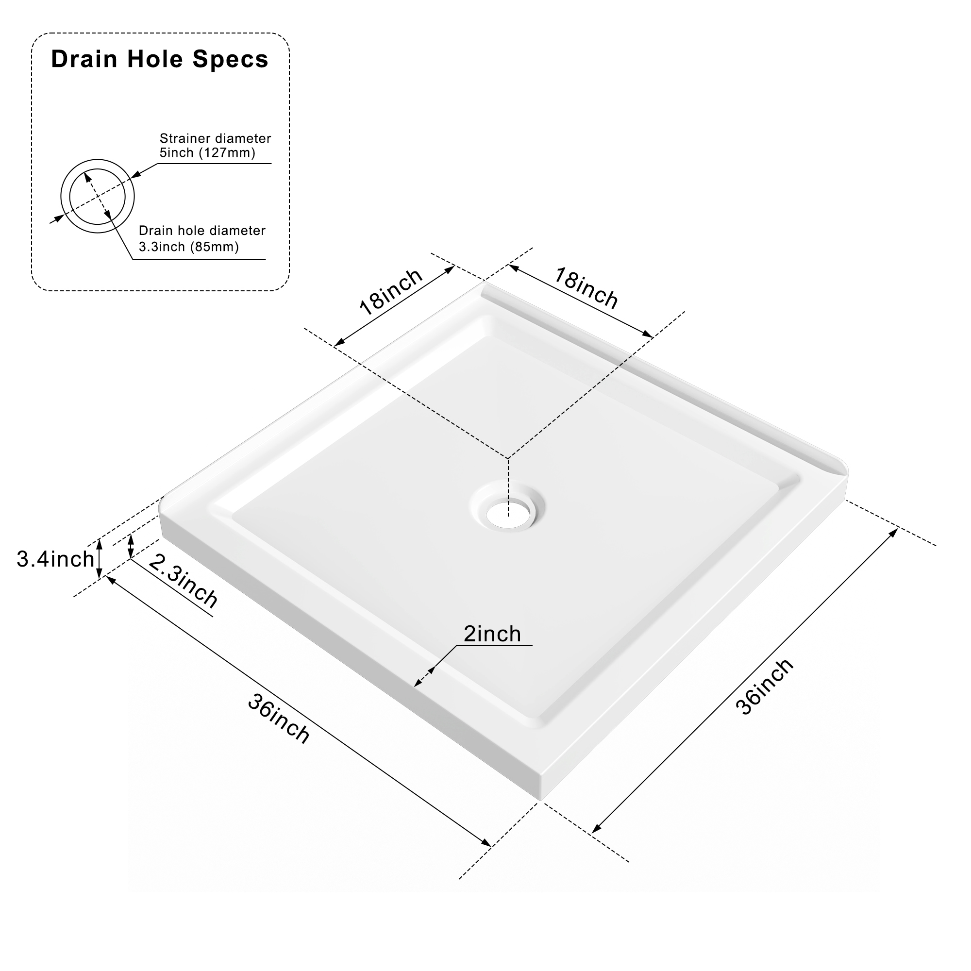 36" x 36" White Double-Threshold Shower Base with Center Drain, Anti-Slip Acrylic Shower Pan