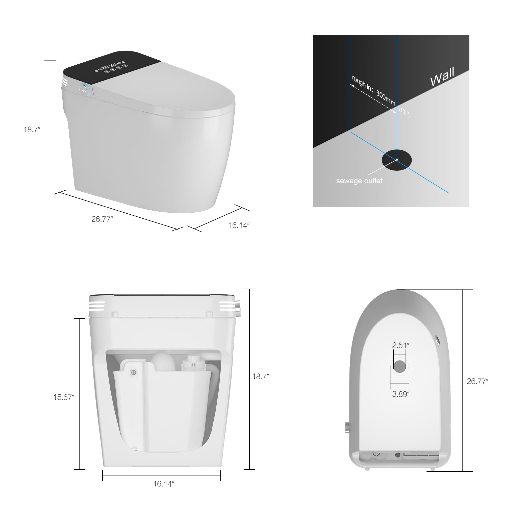 Black LED Display Smart Toilet with Built-in Bidet and Heated Seat