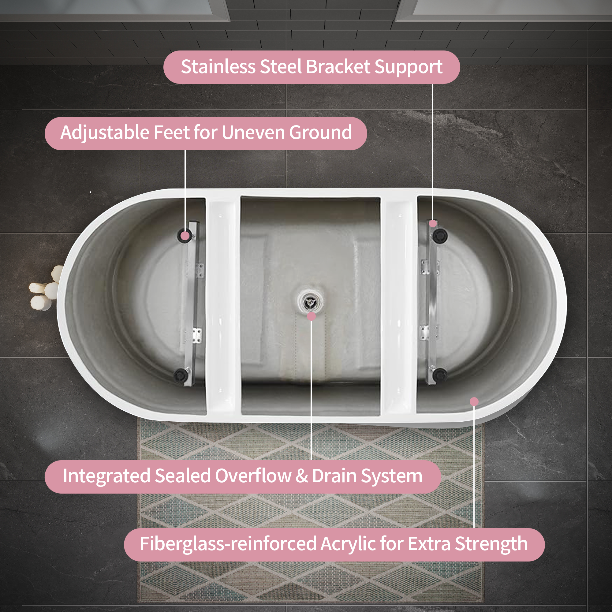 59" Glossy White Acrylic Freestanding Oval Soaking Bathtub with Center Pop-Up Drain and Integrated Overflow