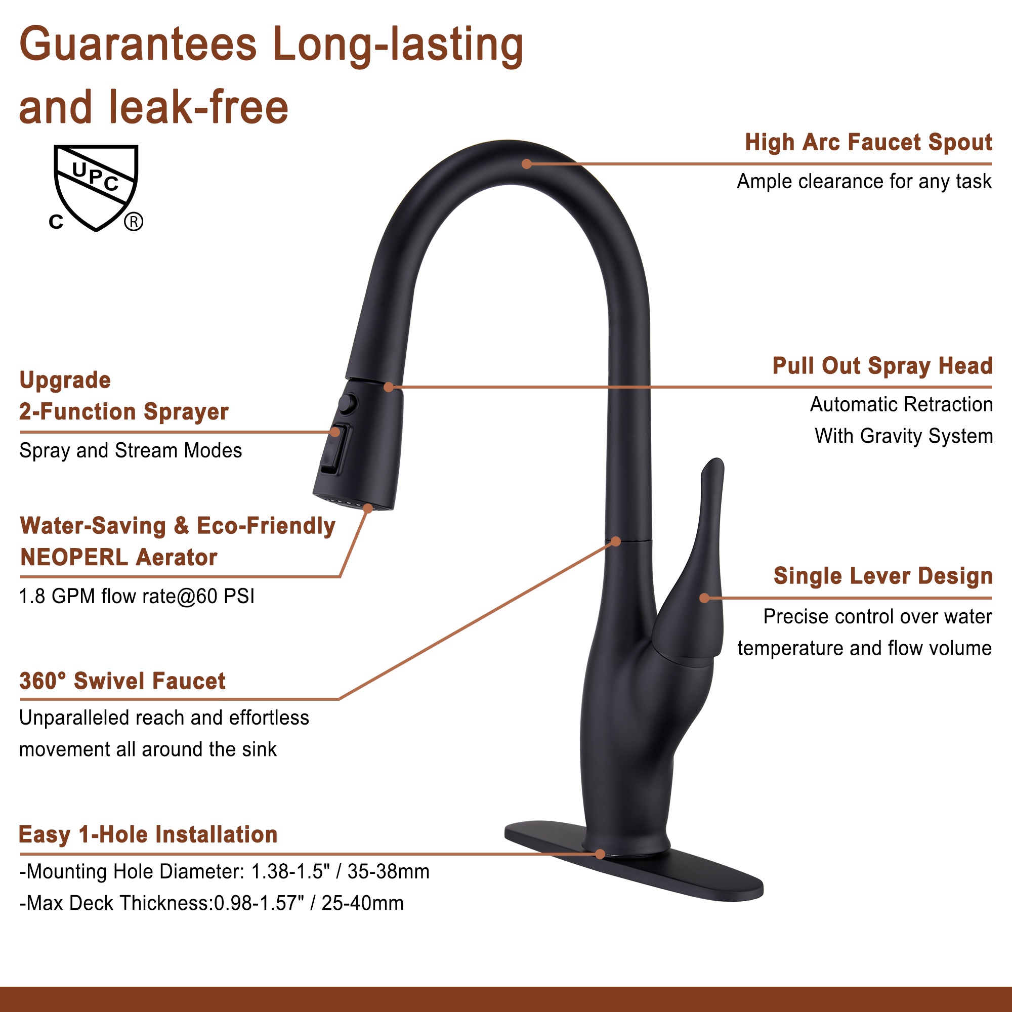 Pull-Down Kitchen Faucet with Dual Function Sprayer 7-Layer Electroplated Finish