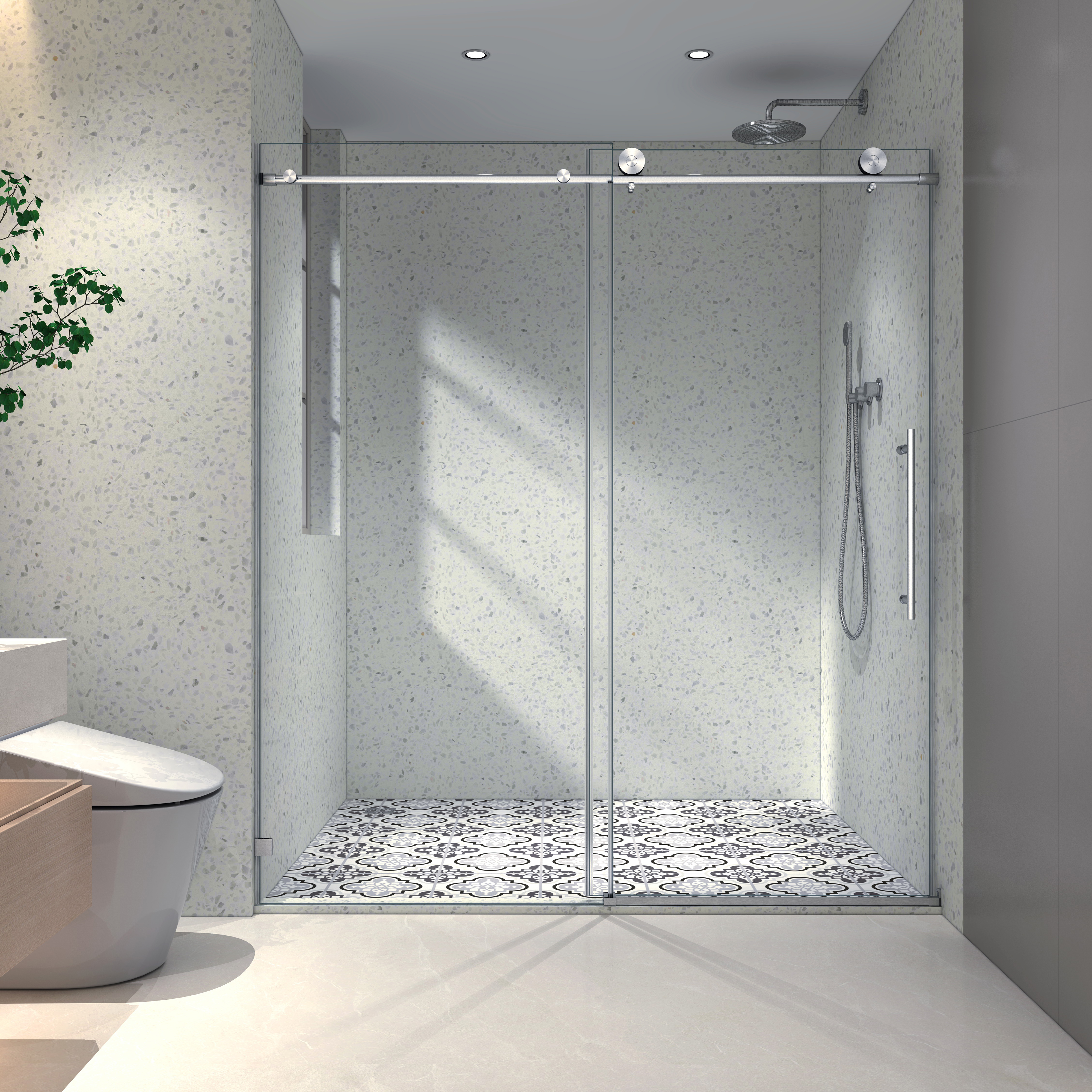 60"x76" Frameless Shower Door with Stainless Steel Pulleys and Soft Closing Adjustability