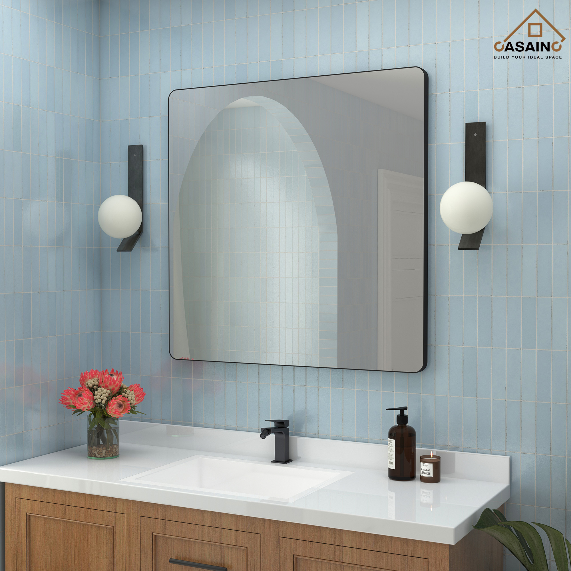 Wall-Mounted Vanity Mirror with Matte Black Metal Frame