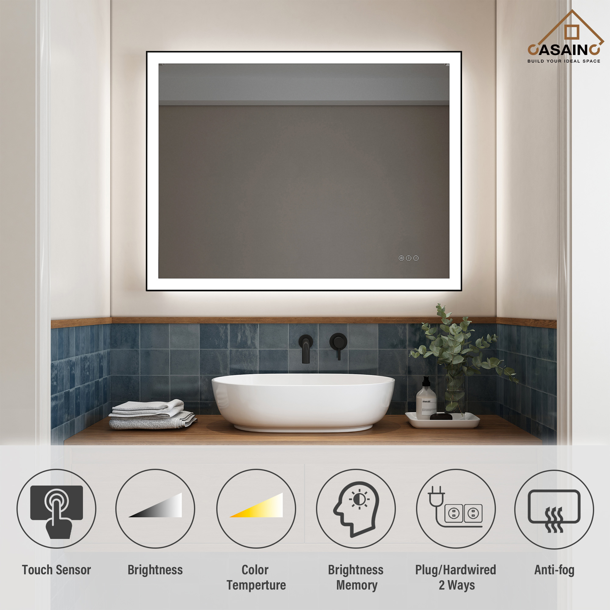 Tempered Glass LED Mirror with Aluminum Frame for Bathroom Vanity