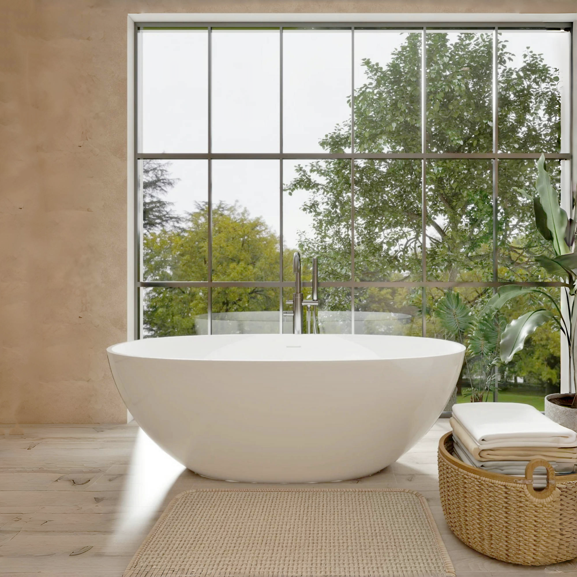 65" Oval Stone Resin Freestanding Soaking Tub with Ergonomic Design