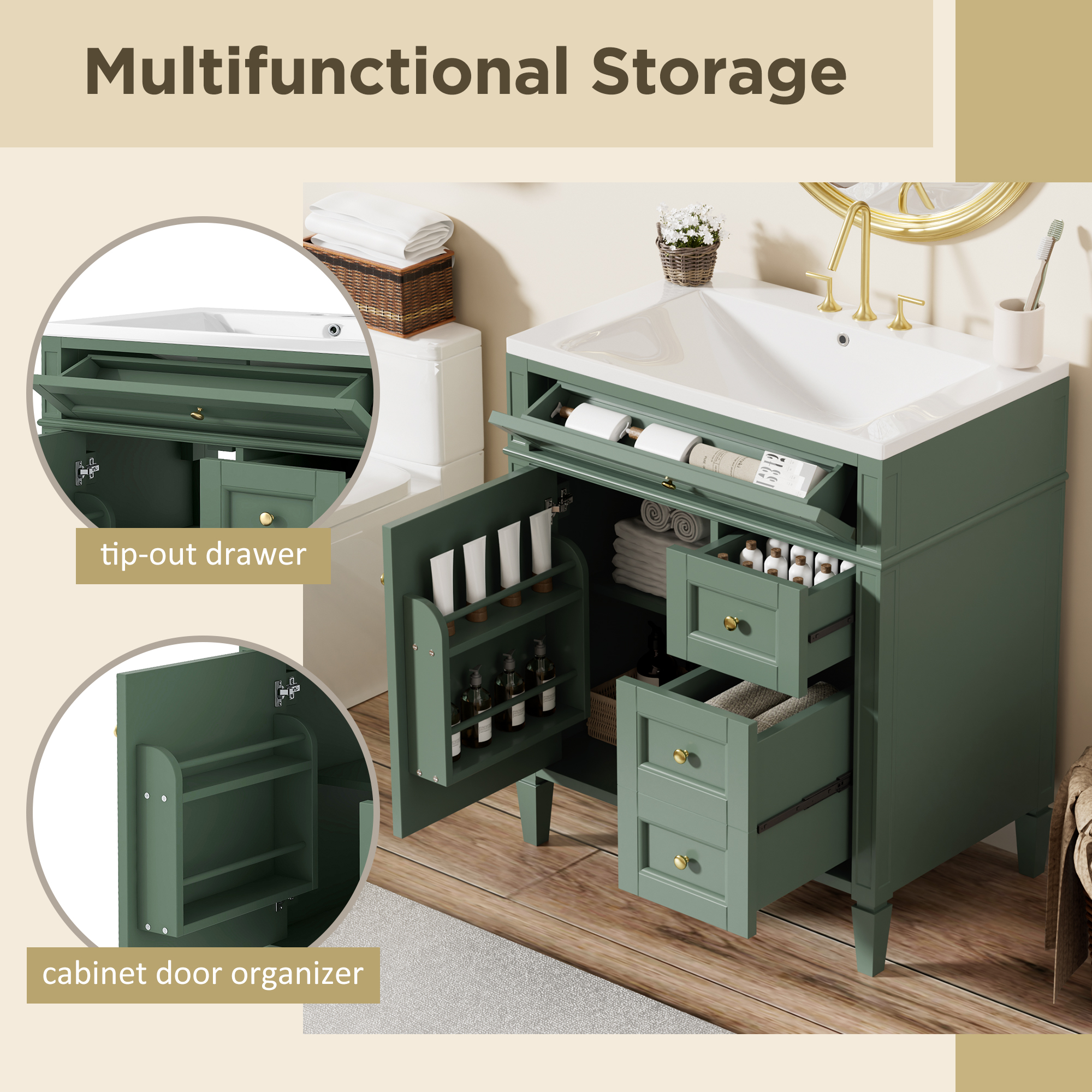 30" Freestanding Bathroom Vanity in Green with 2 Drawers and a Tip-out Drawer