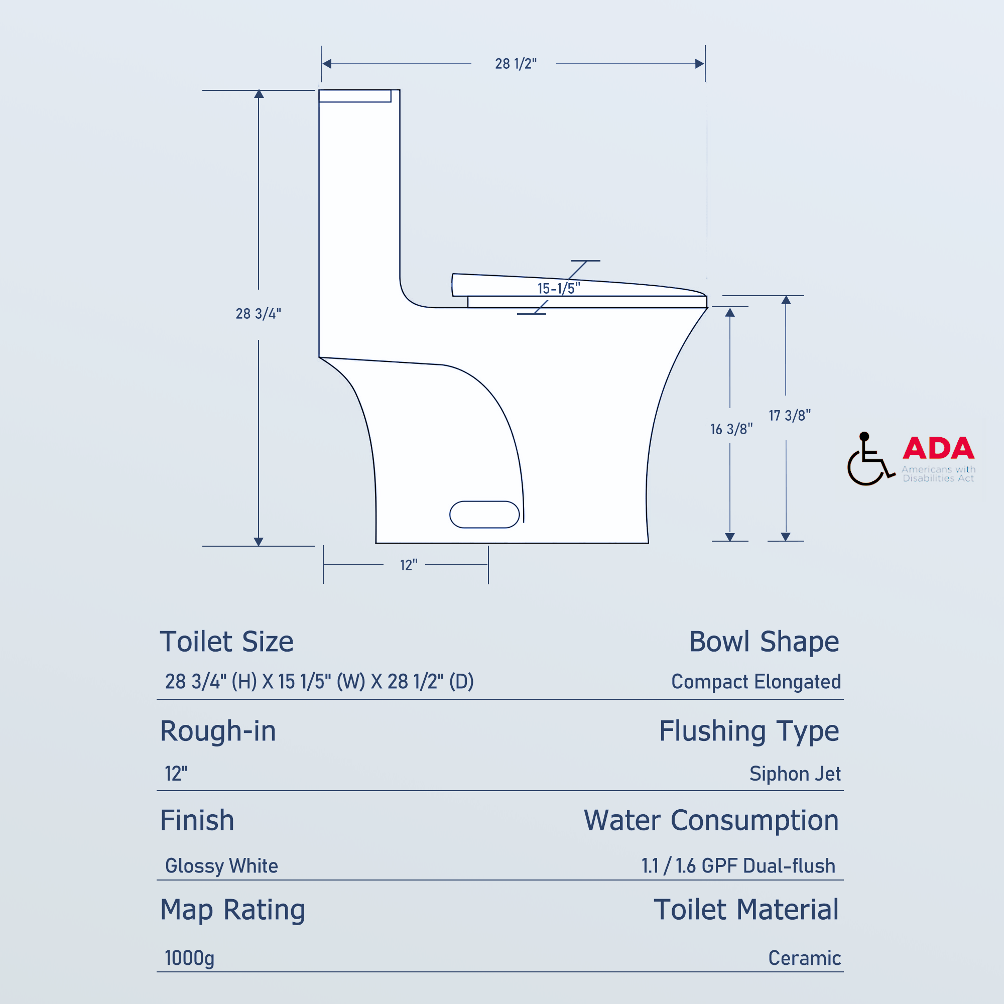 Dual-Flush Elongated Comfort One Piece Toilet with 1.1/1.6 GPF Water-Saving