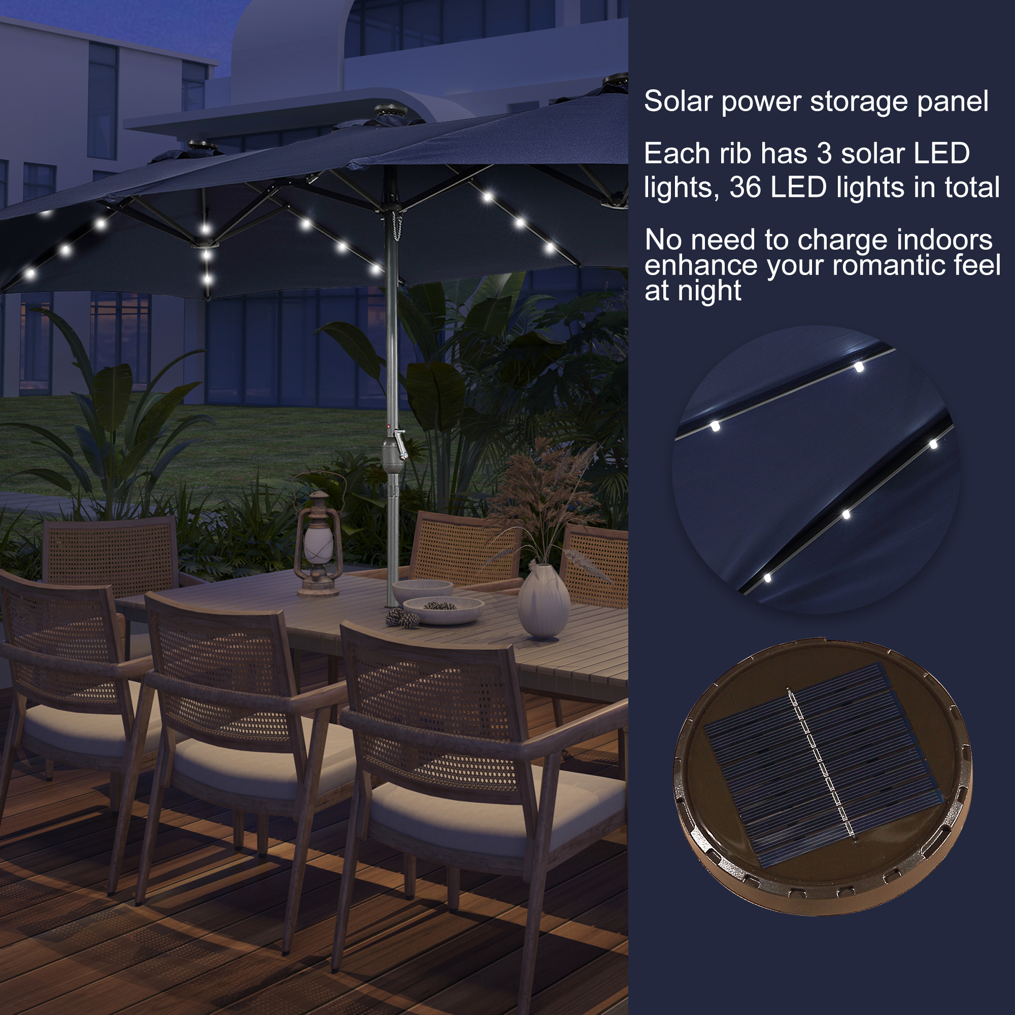 15ft Patio Steel Rectangular Double-Sided Market Umbrella With Base, Classic Design or Solar LED Lights Options,UV Sun Protection & Easy Crank for Deck Pool Patio.