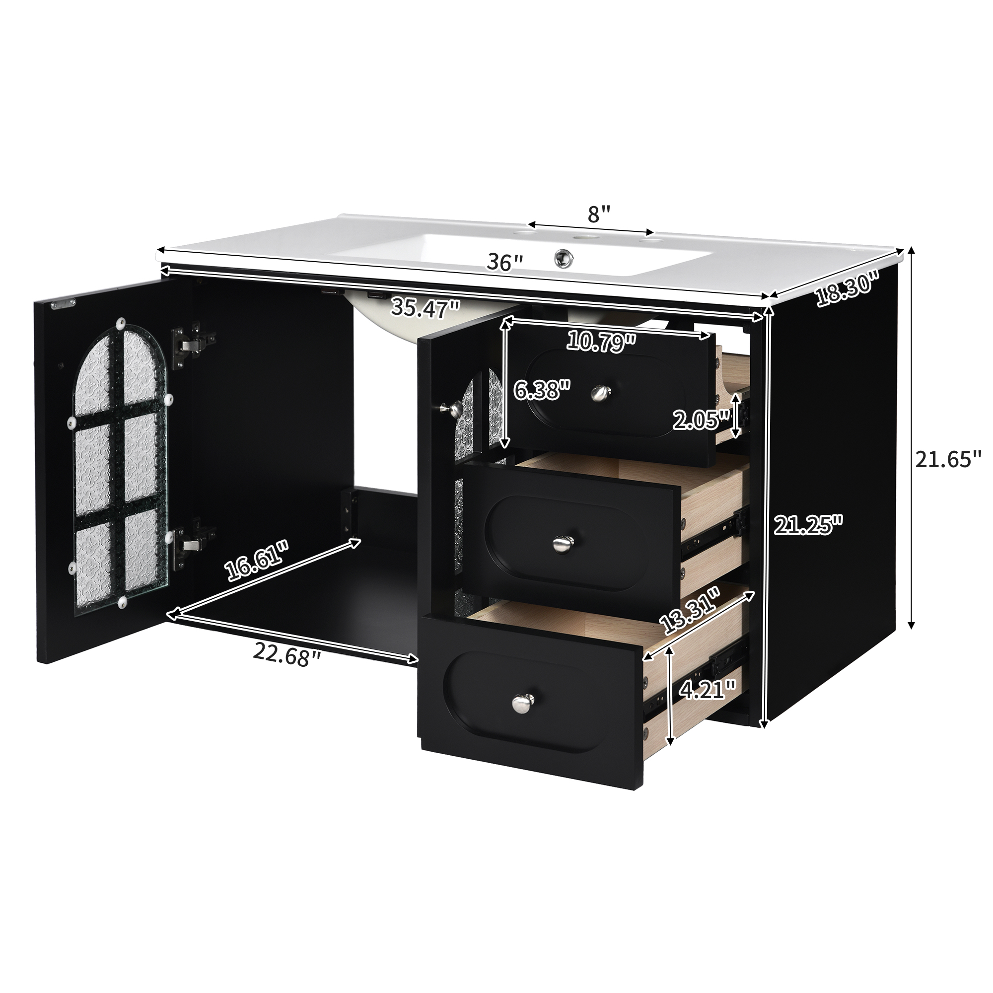 36" Wall Mounted Bathroom Vanity with Ceramic Sink & 3 Drawers