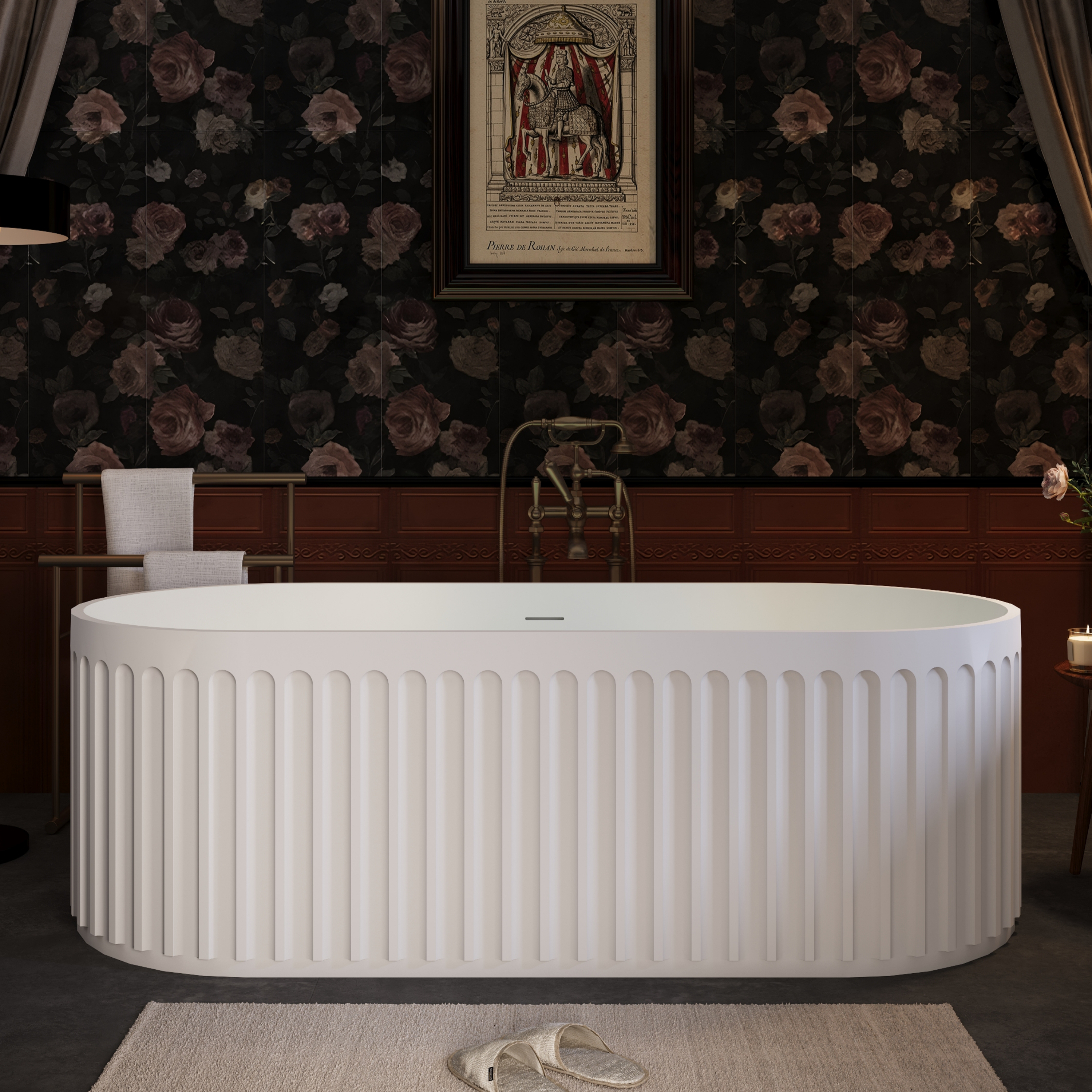 67" Luxury Solid Surface Freestanding Bathtub with Ribbed Vertical Texture