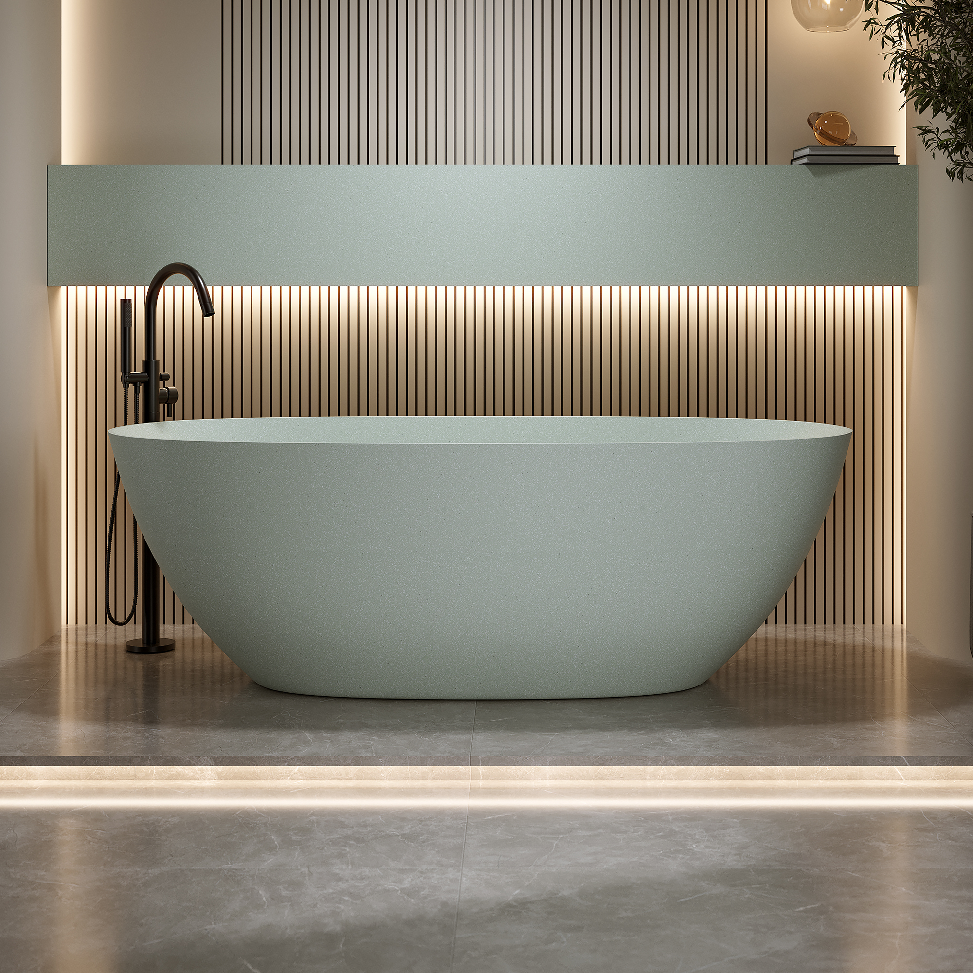 57"/61"/65"/69" Minimalist Solid Surface Freestanding Bathtub in Pine Crest and Shadow Whisper
