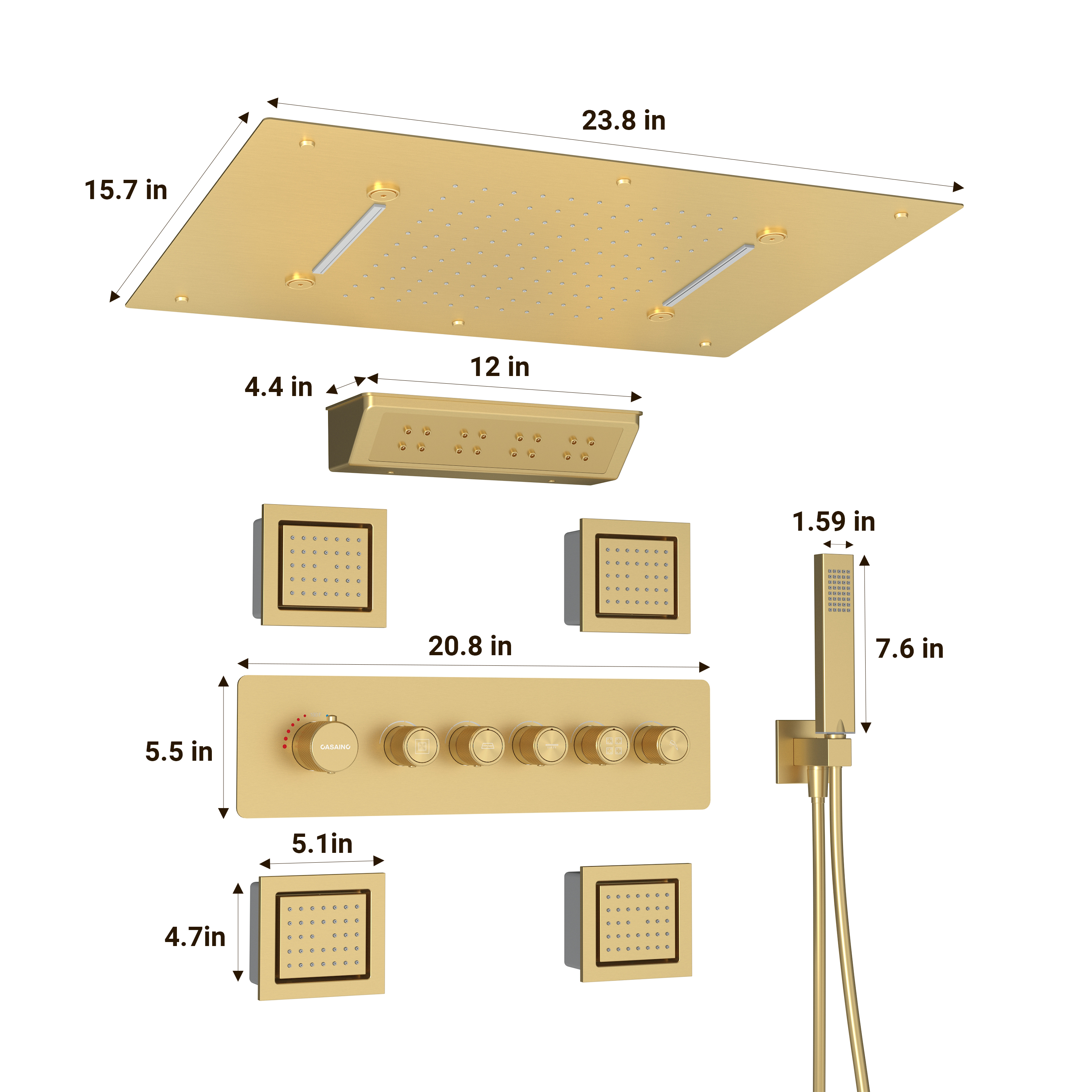 23.6" x 15.7" Ceiling-Mounted 5-Function Thermostatic Shower System with Neck/Back Massage Spout