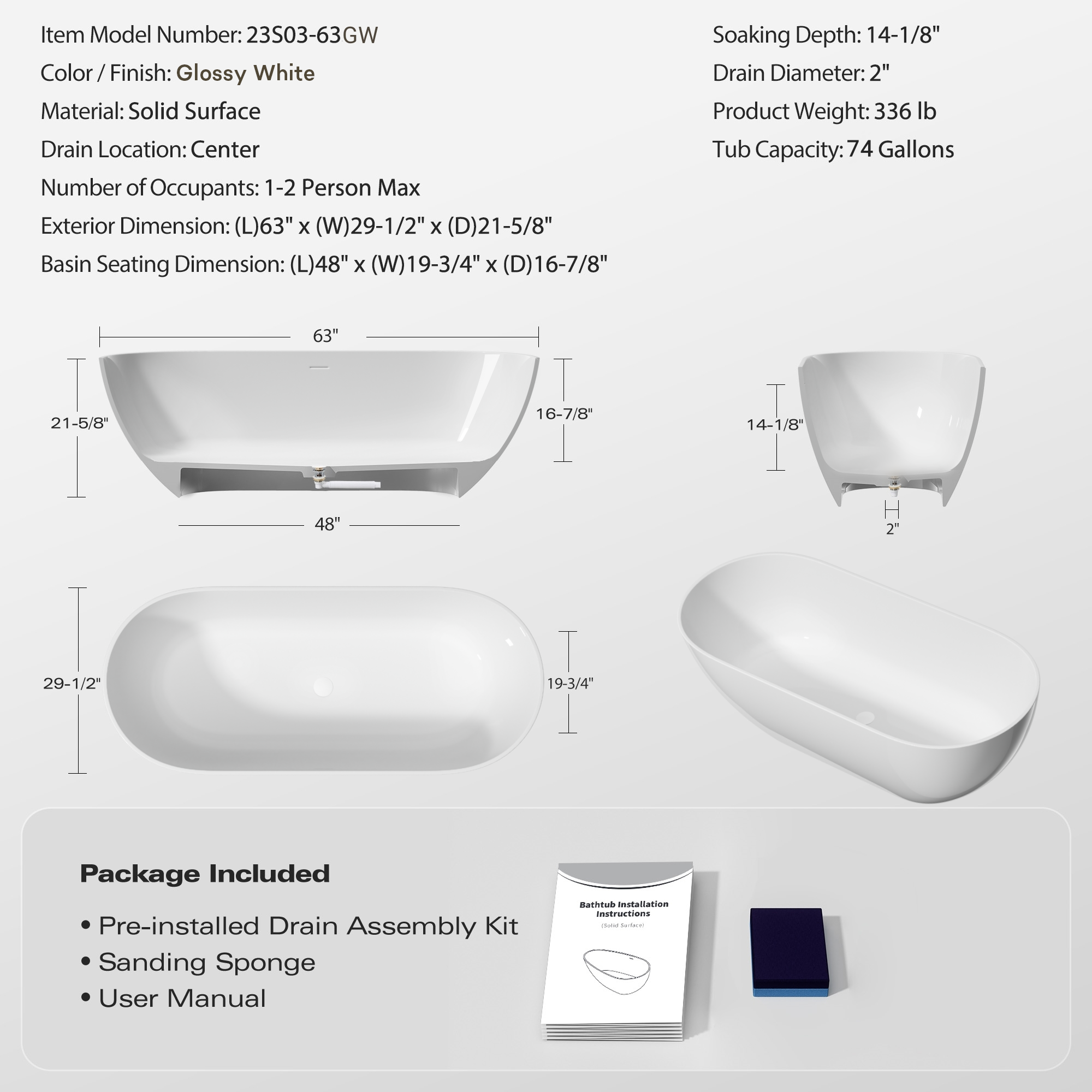 59"/63"/69" Modern Stone Resin Freestanding Soaking Tub with Spa-Level Comfort