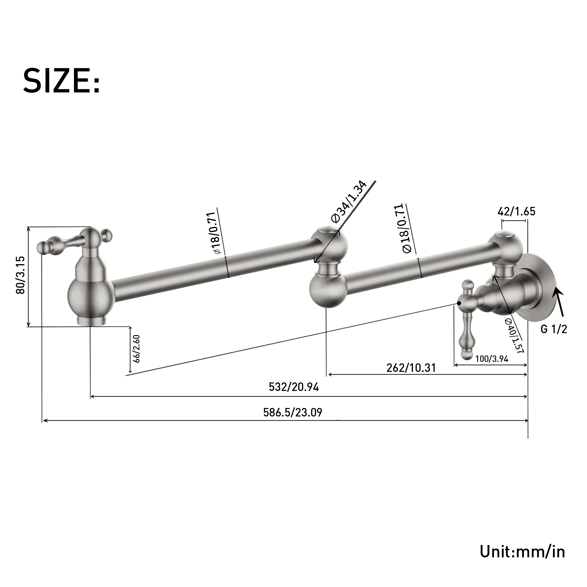 Wall Mounted Pot Filler Faucet with Double Handles, 360° Rotatable Folding Spout, Solid Brass Construction, Anti-Splash Aerator