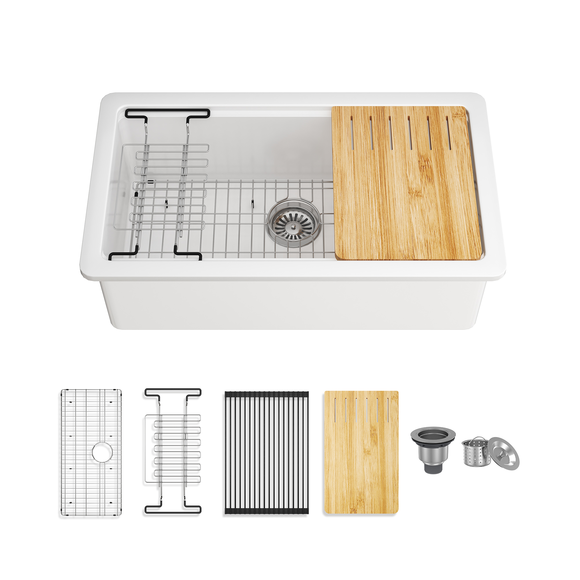 33 Inch White Fireclay Kitchen Sink Undermount Single Bowl with Sleek Glossy Finish