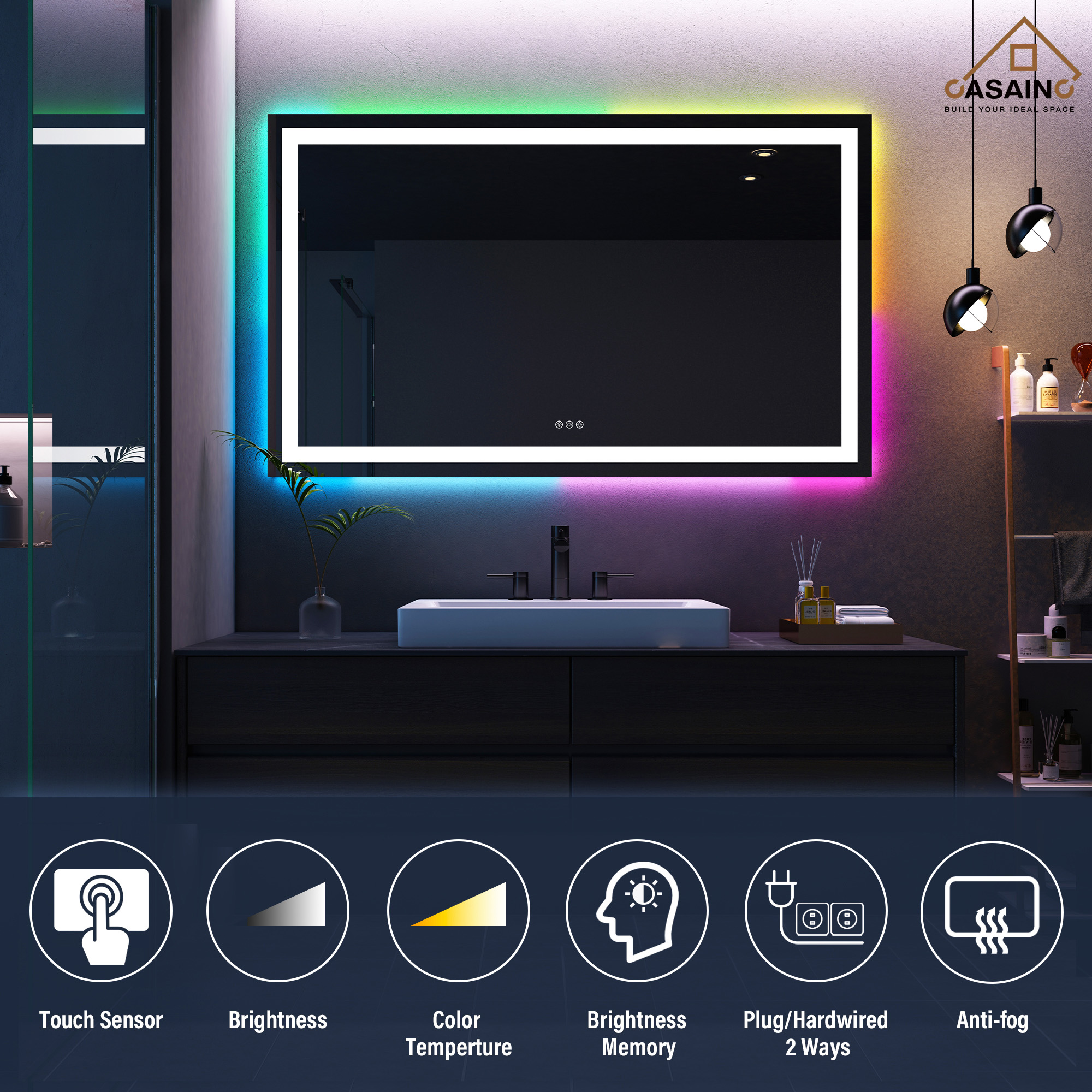 Tempered RGB LED Bathroom Mirror with Smart Controls & Anti-Fog