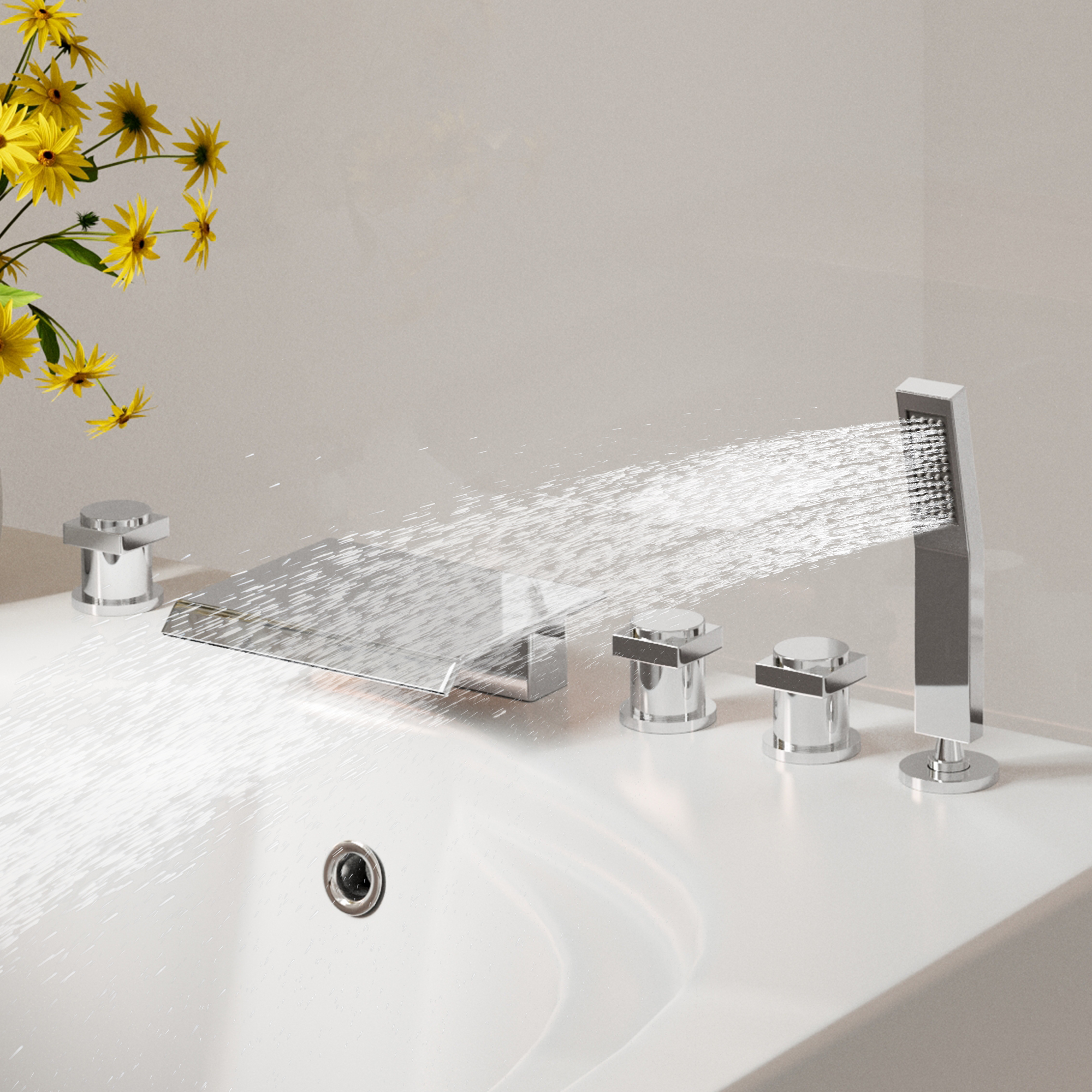 3-Handle 5 Holes Deck-Mounted Bathtub Faucet with Handheld Shower