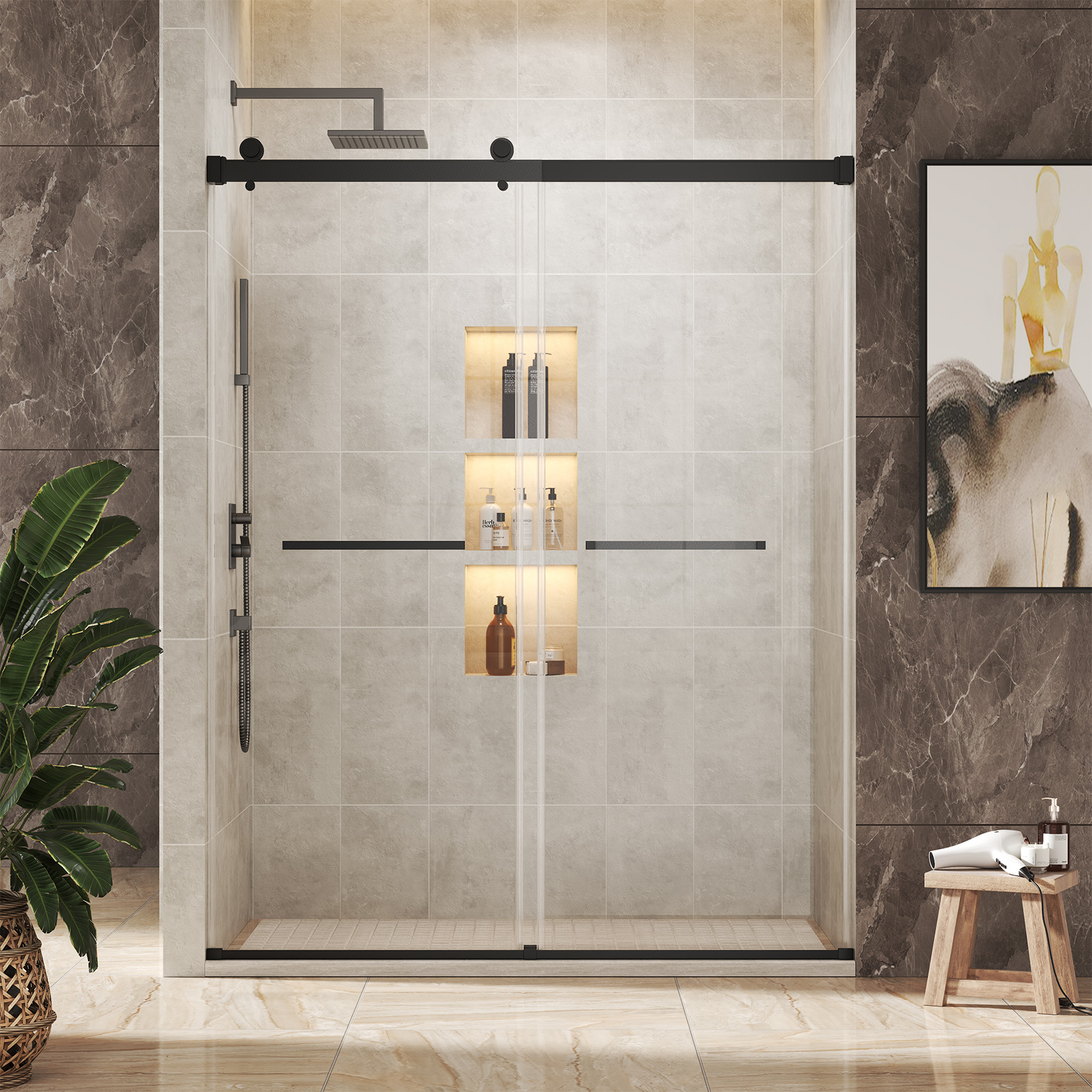 48"x76" Adjustable Frameless Double Sliding Shower Door with Towel Bars