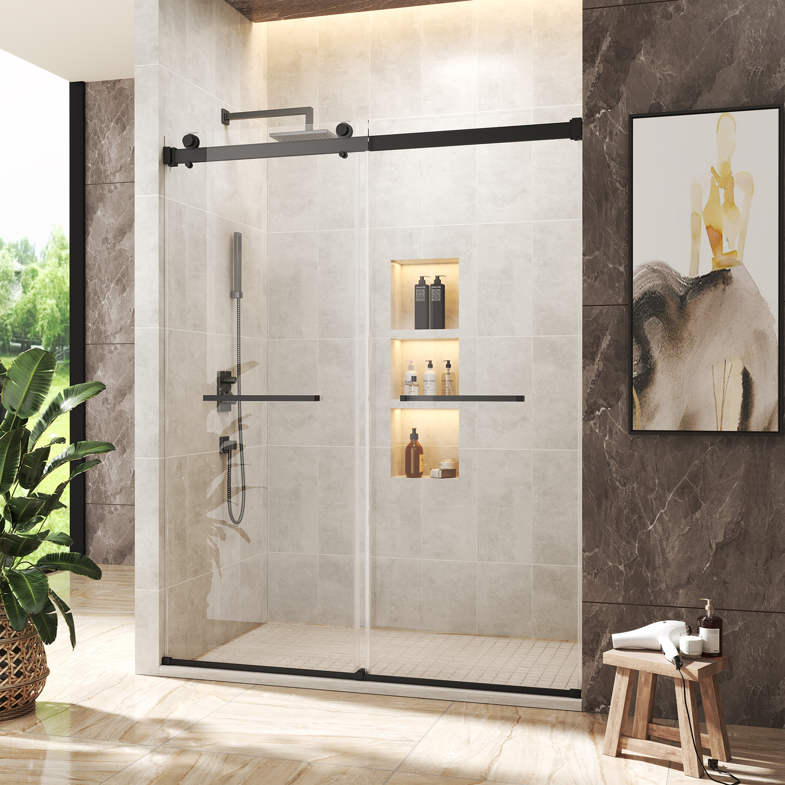 48"x76" Adjustable Frameless Double Sliding Shower Door with Towel Bars