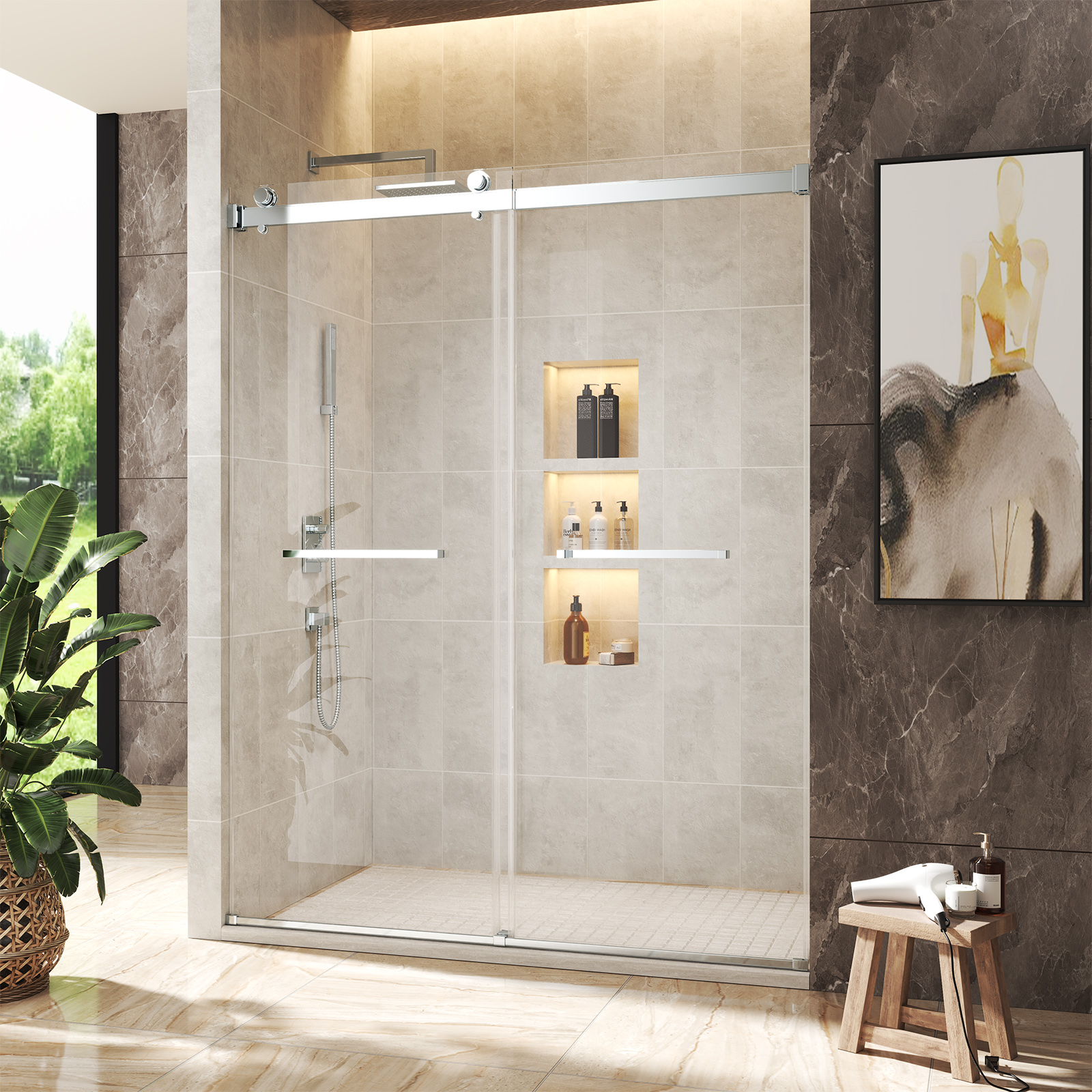 48"x76" Adjustable Frameless Double Sliding Shower Door with Towel Bars