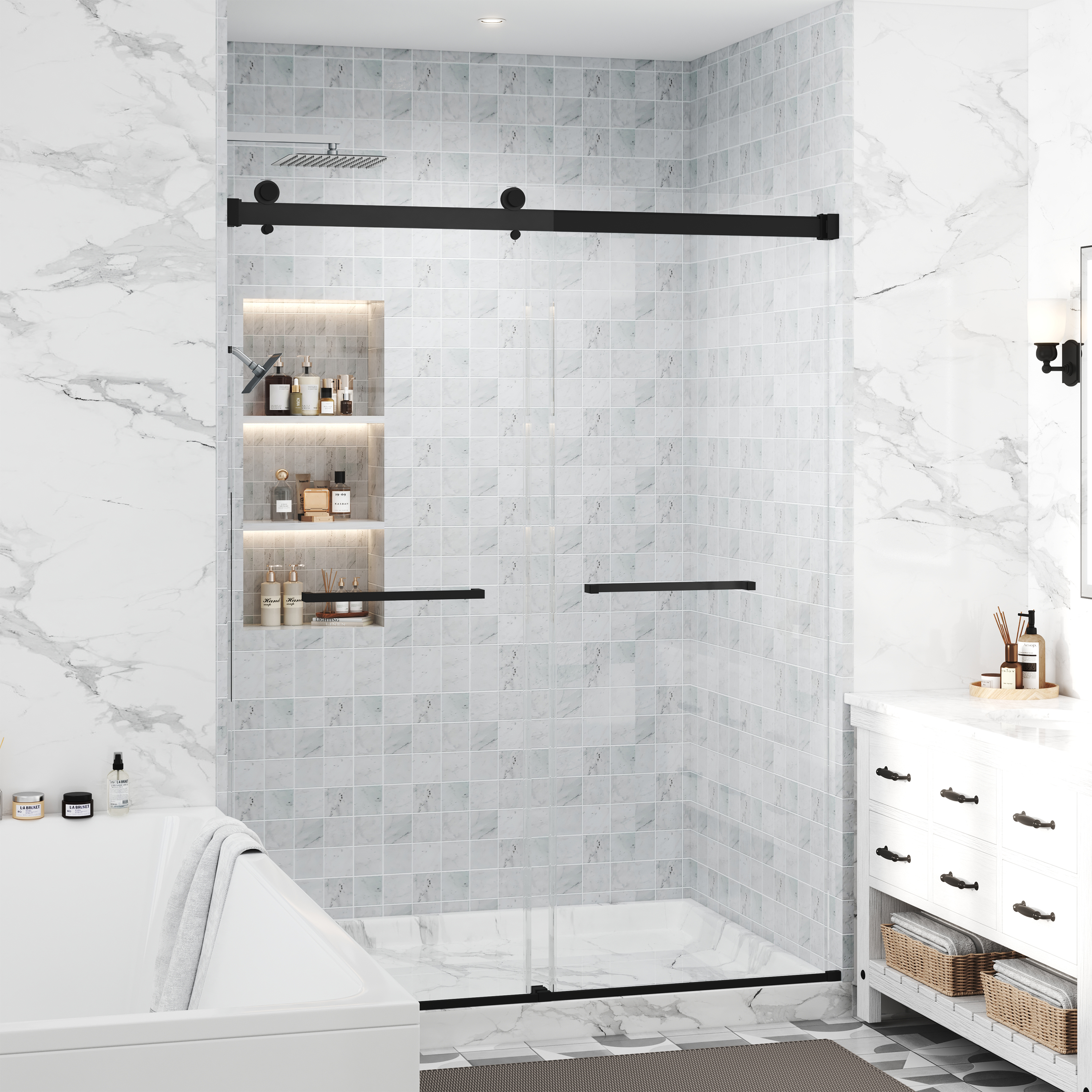 48"x76" Adjustable Frameless Double Sliding Shower Door with Towel Bars