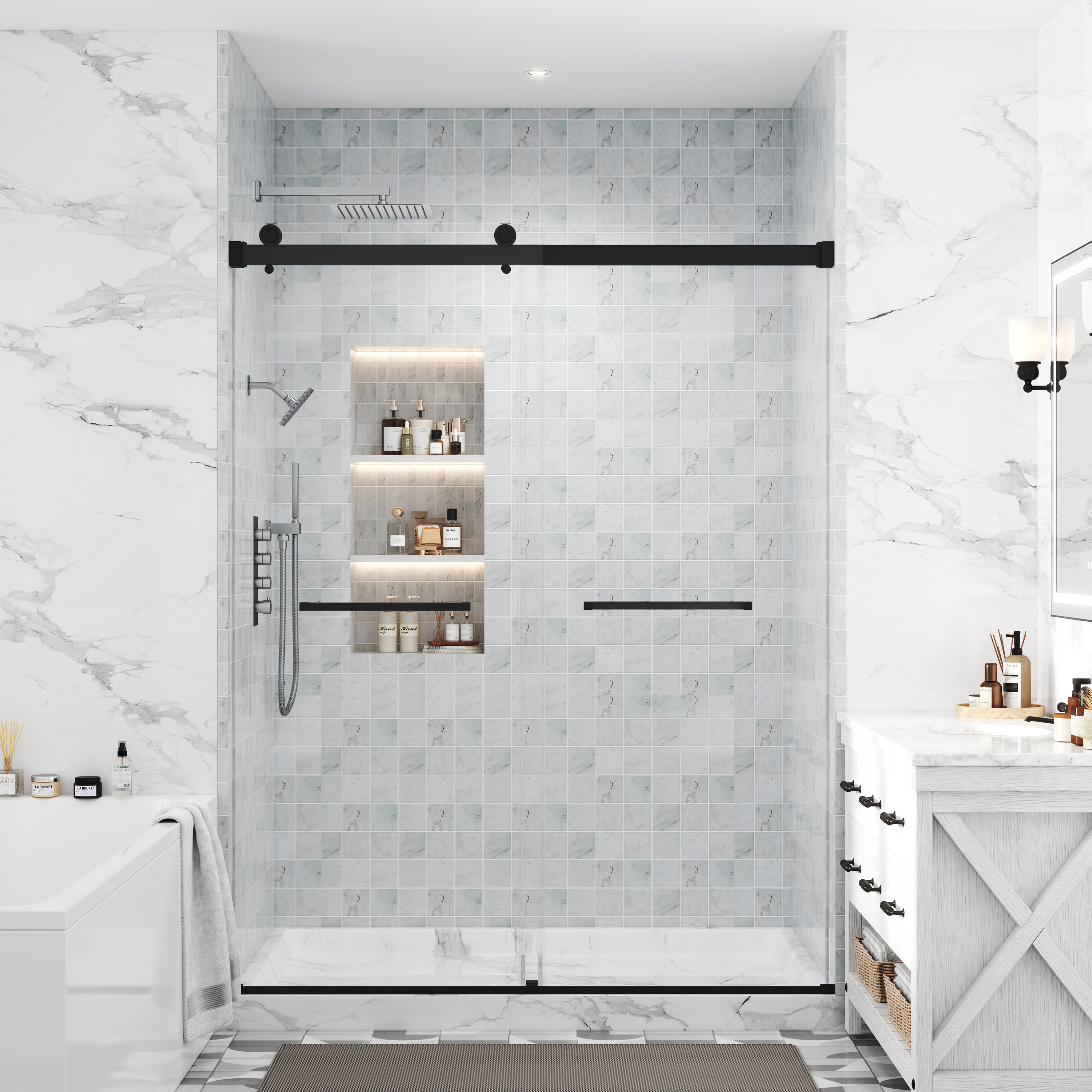 48"x76" Adjustable Frameless Double Sliding Shower Door with Towel Bars