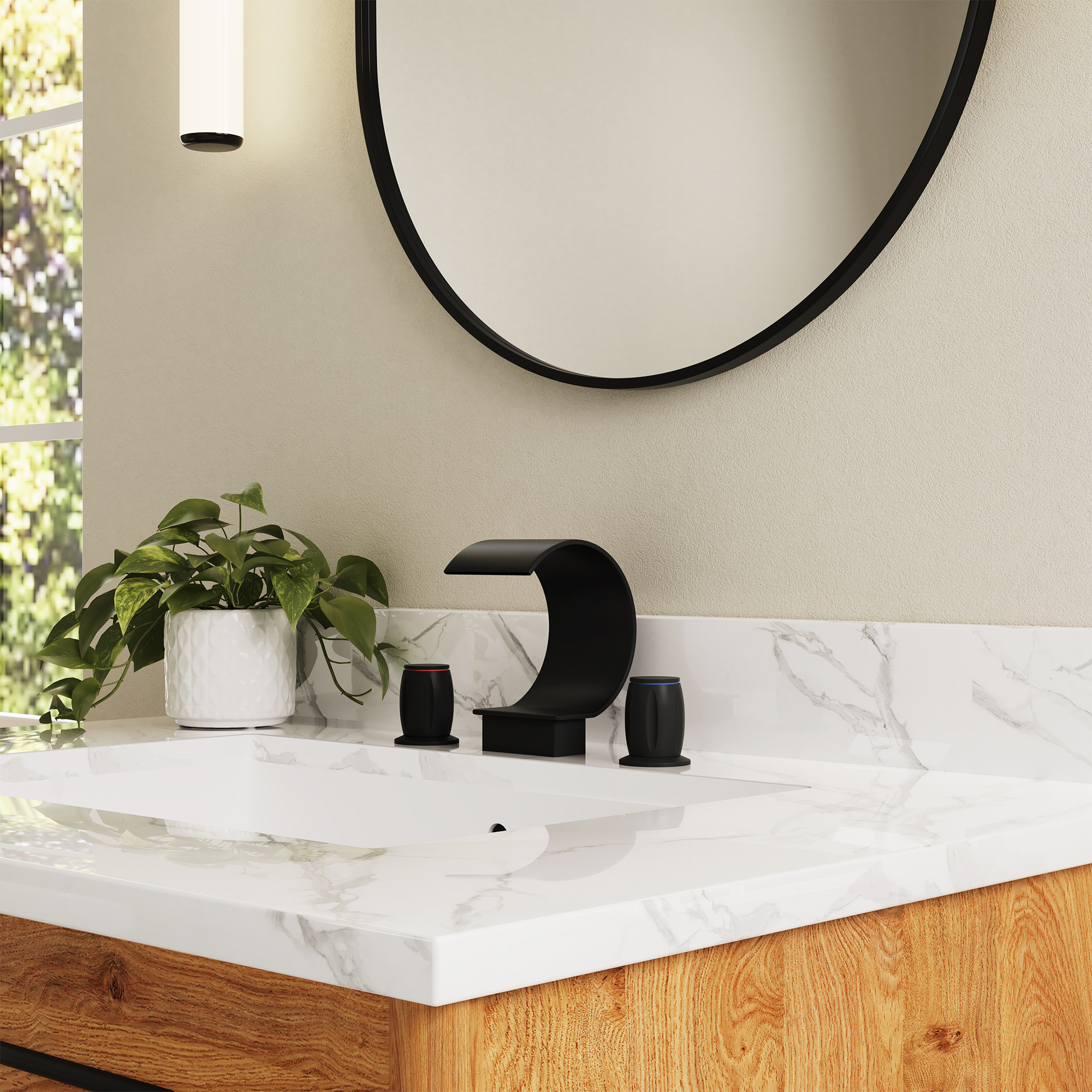 Arc Waterfall Spout Bathroom Faucet with Dual Temperature Control Handles