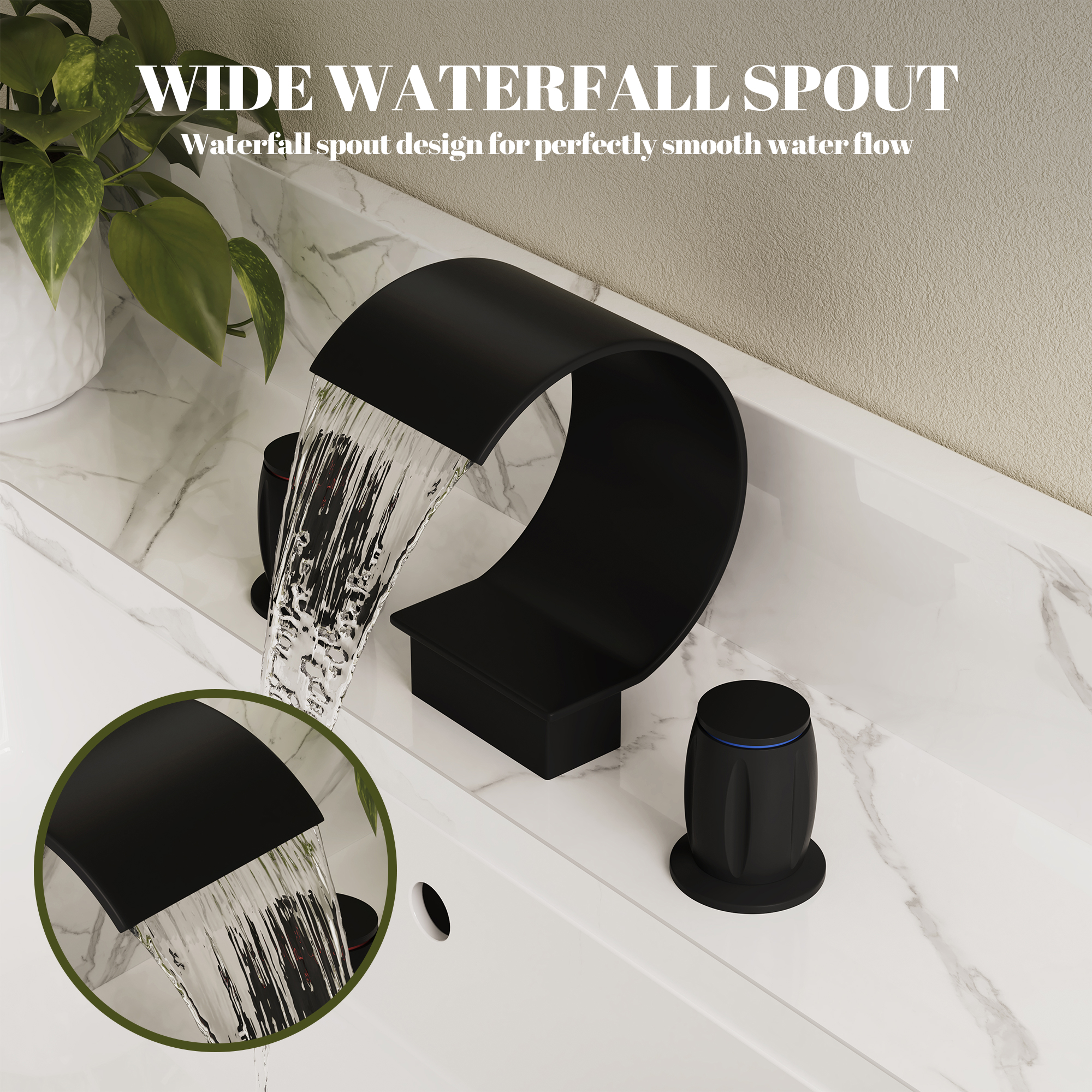 Arc Waterfall Spout Bathroom Faucet with Dual Temperature Control Handles