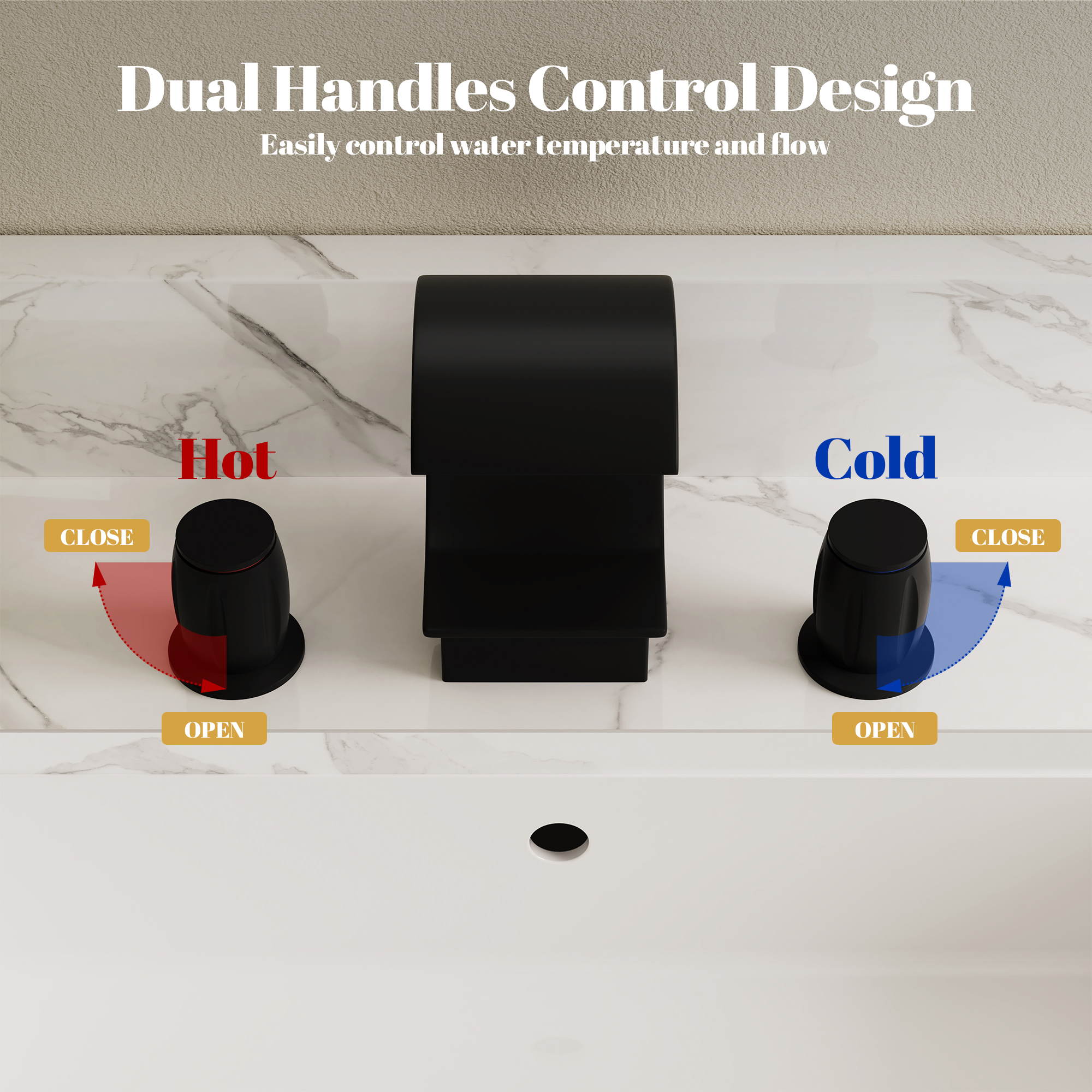 Arc Waterfall Spout Bathroom Faucet with Dual Temperature Control Handles
