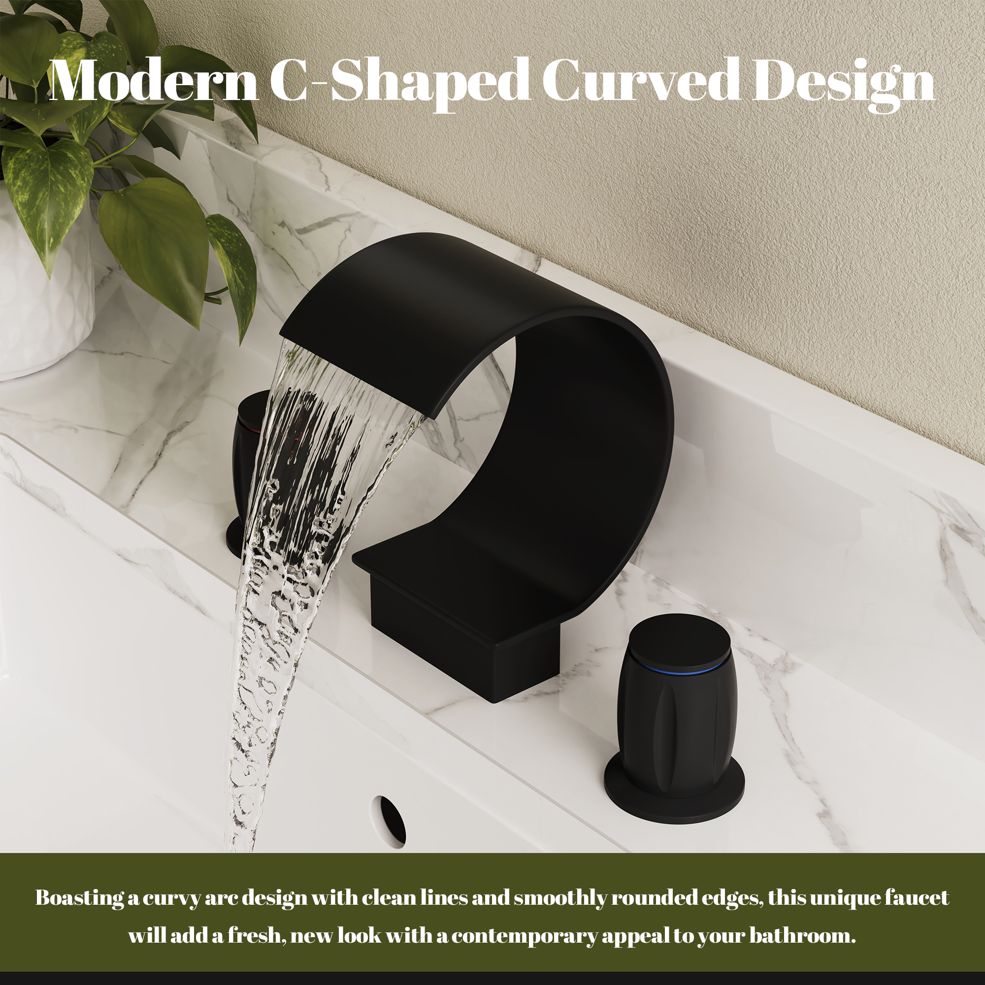 Arc Waterfall Spout Bathroom Faucet with Dual Temperature Control Handles