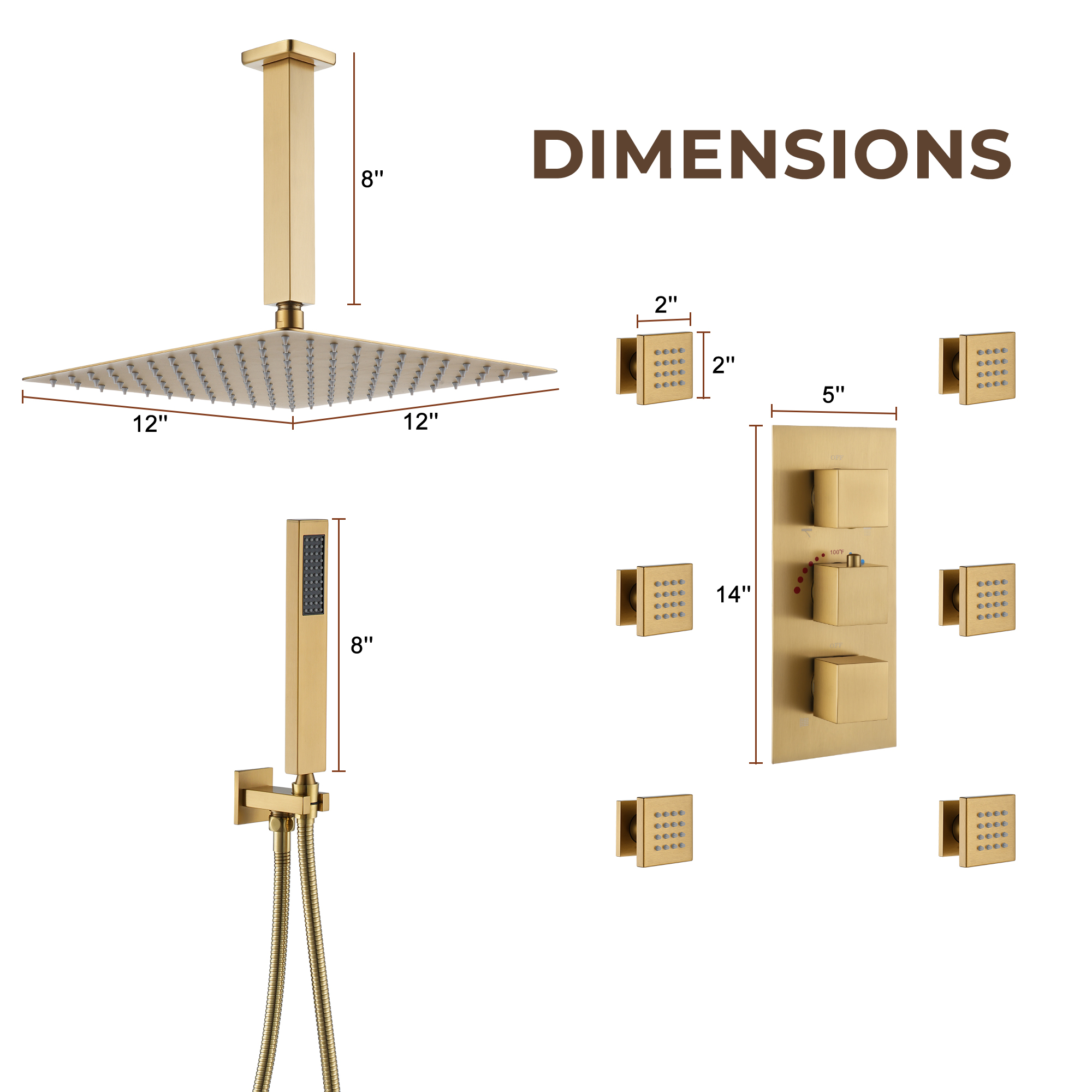 3-Function Ceiling-Mounted Thermostatic Shower System with 6 Body Jets