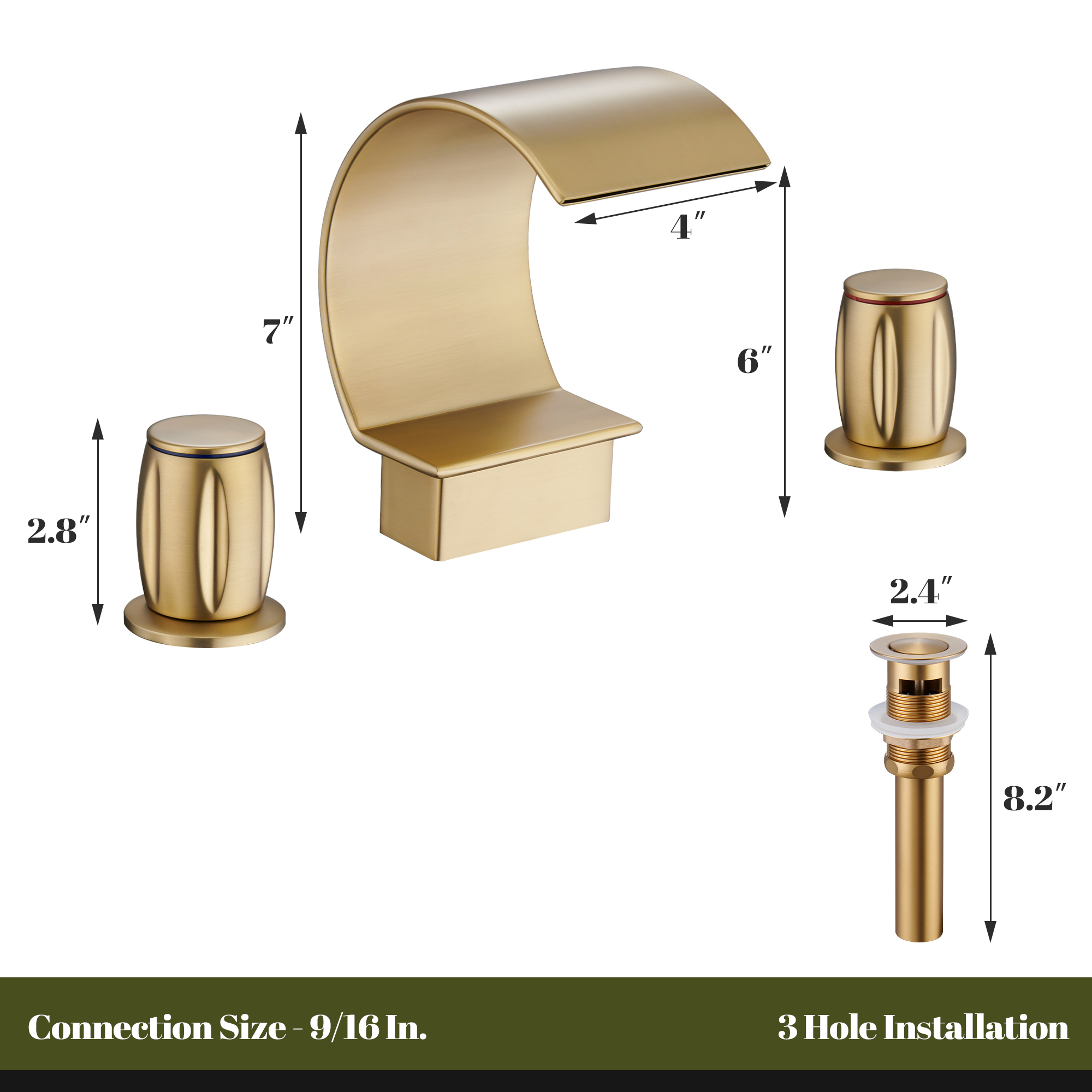 Arc Waterfall Spout Bathroom Faucet with Dual Temperature Control Handles