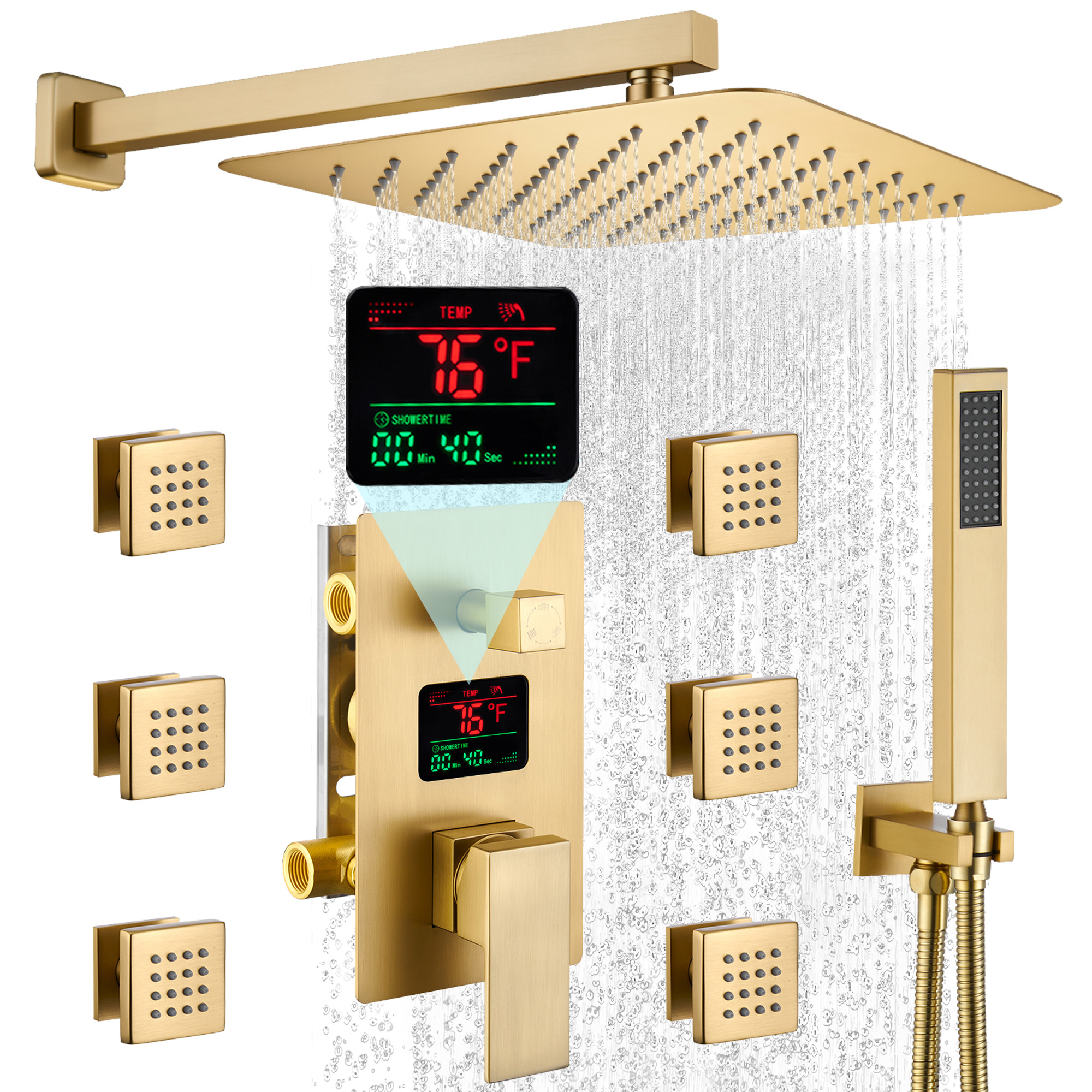 12" Wall Mount Rain Shower System with Water-Powered Digital Display
