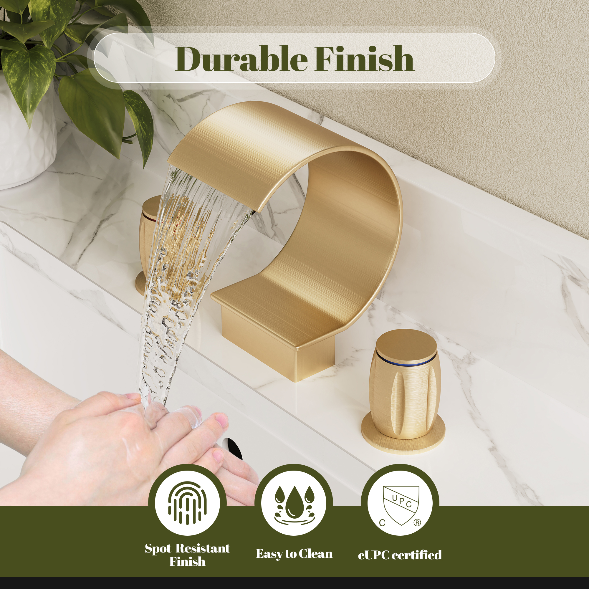 Arc Waterfall Spout Bathroom Faucet with Dual Temperature Control Handles