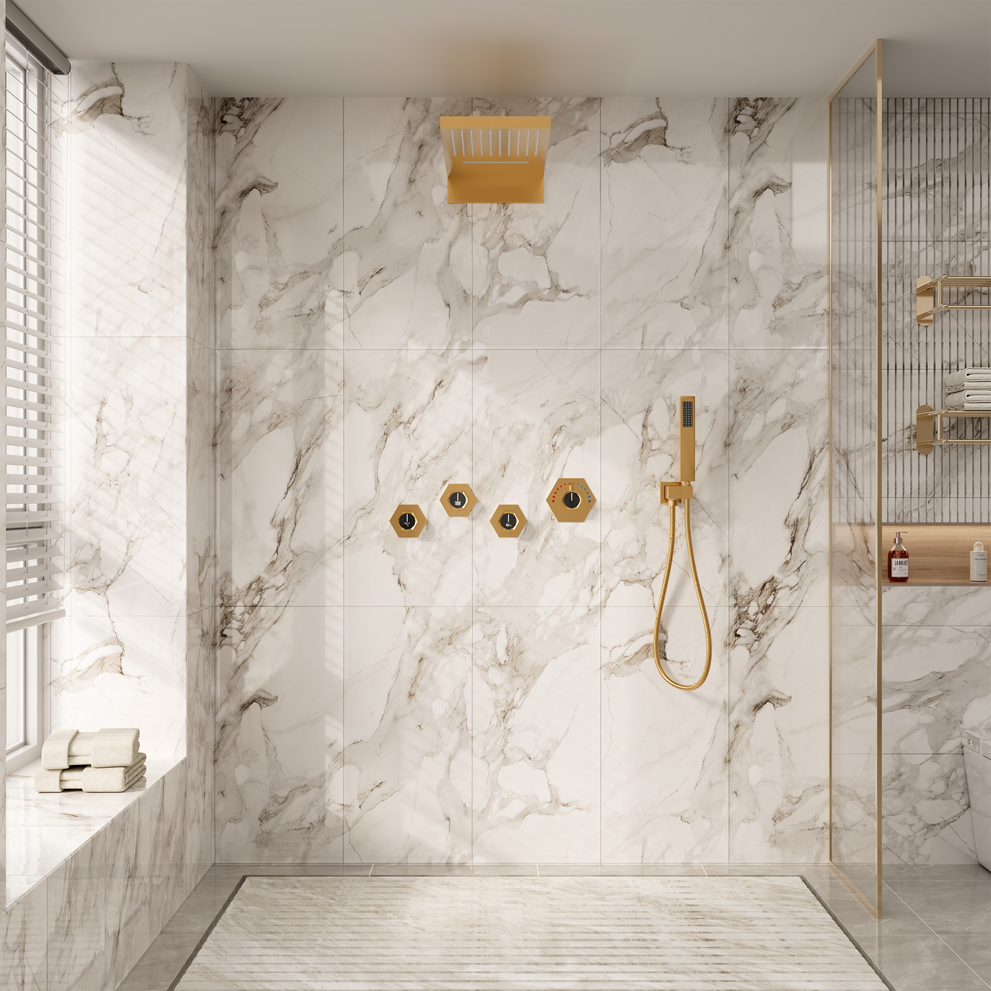 22" Wall-Mount Thermostatic Shower System with 64-Color LED & Built-In Music