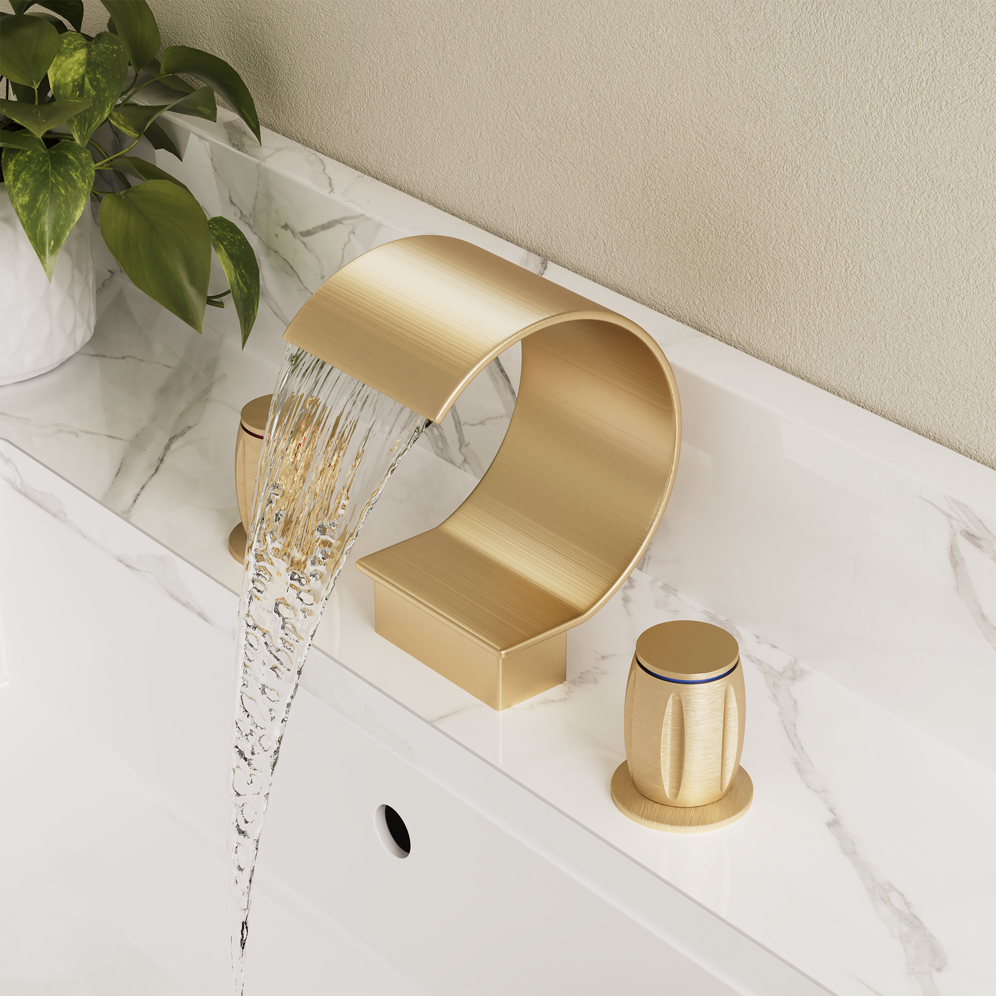 Arc Waterfall Spout Bathroom Faucet with Dual Temperature Control Handles