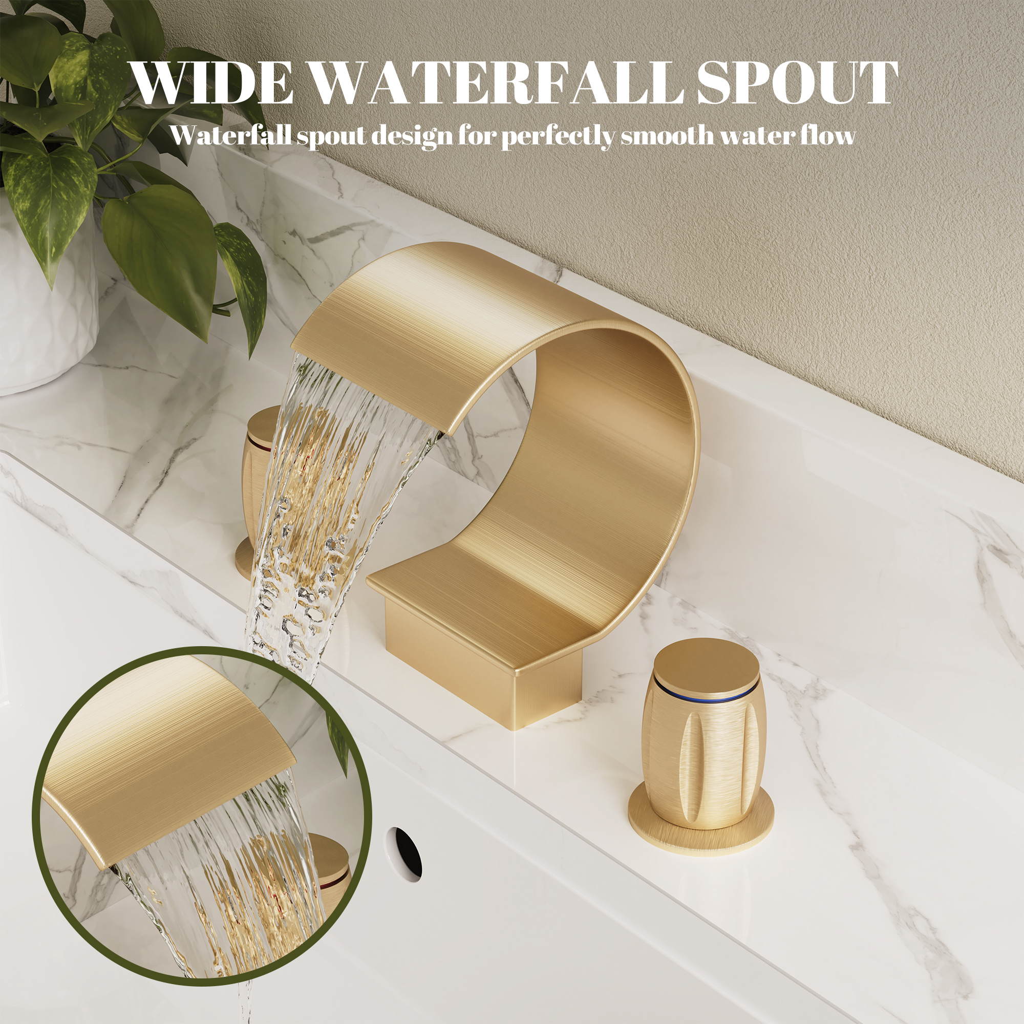 Arc Waterfall Spout Bathroom Faucet with Dual Temperature Control Handles