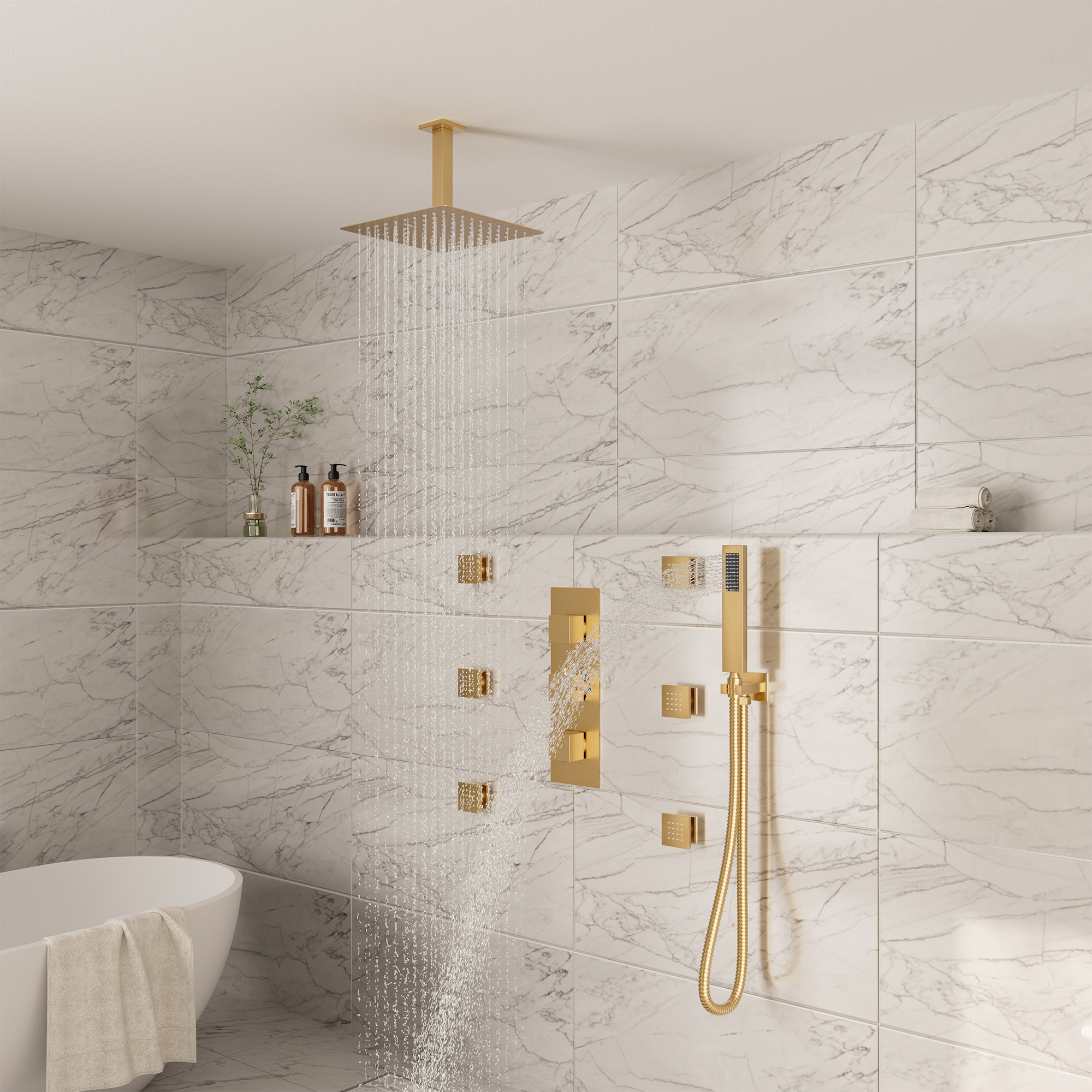 3-Function Ceiling-Mounted Thermostatic Shower System with 6 Body Jets