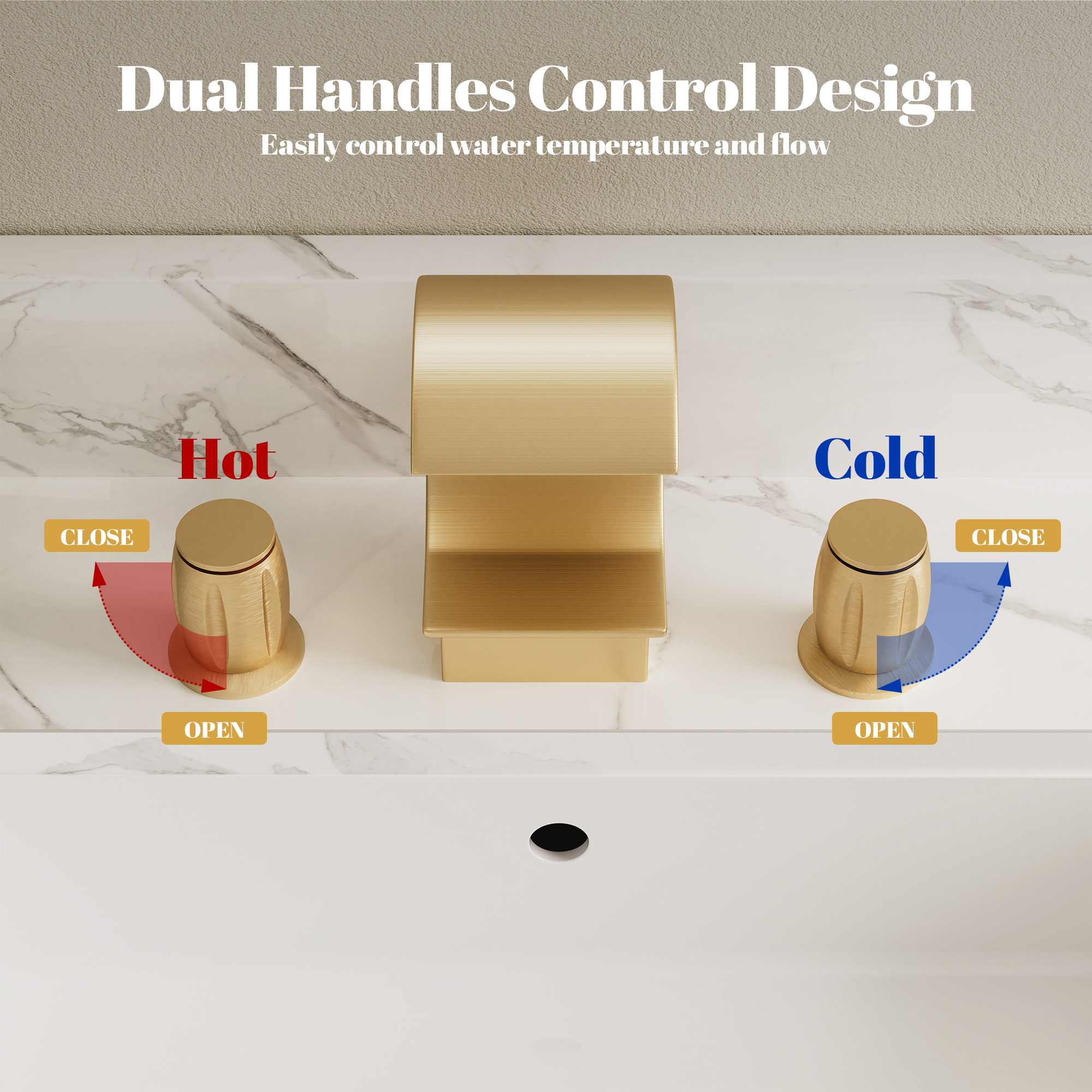 Arc Waterfall Spout Bathroom Faucet with Dual Temperature Control Handles